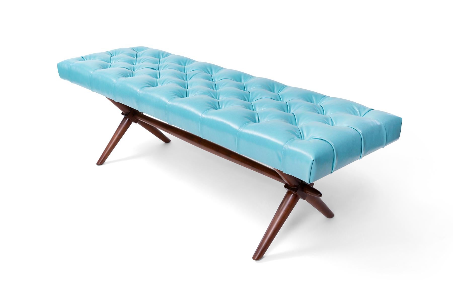 Gibbings 1950s Button-Tufted Turquoise Leather & Mahogany Bench In Good Condition In Phoenix, AZ