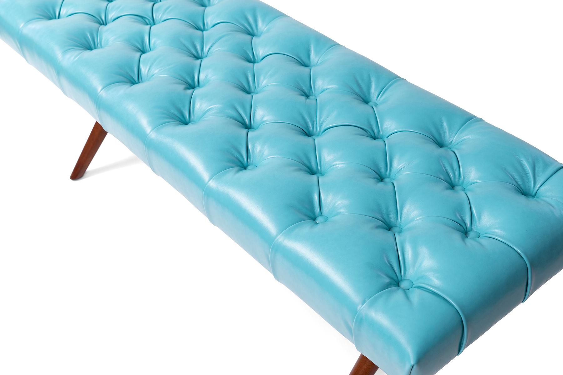 Mid-20th Century Gibbings 1950s Button-Tufted Turquoise Leather & Mahogany Bench