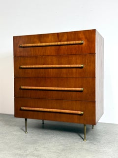 Robsjohn Gibbings Rare Walnut Dresser, Brass Legs and Cane Pulls Widdicomb 1950s