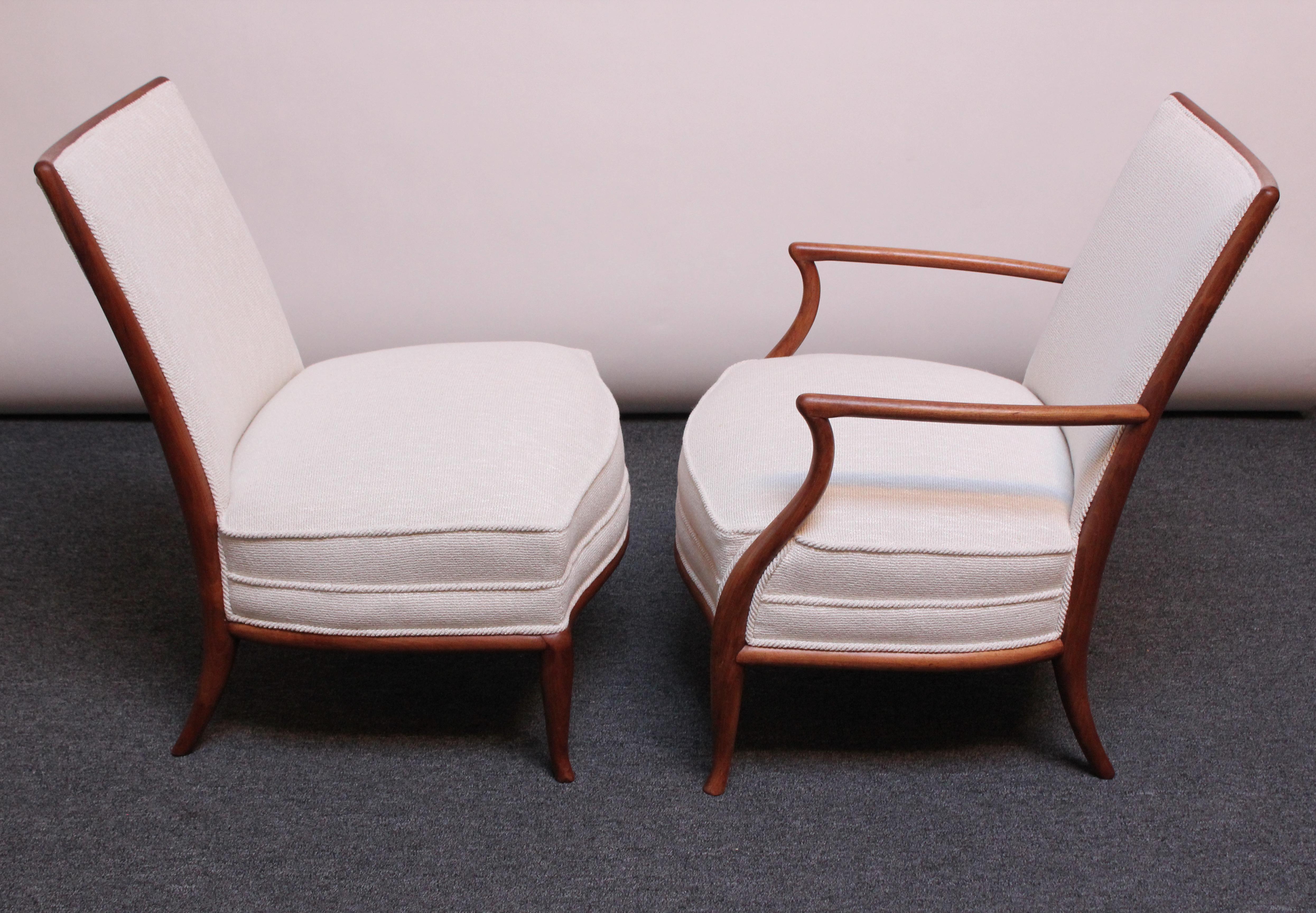 Mid-Century Modern T.H. Robsjohn-Gibbings Walnut Lounge Chair and Slipper Chair Set