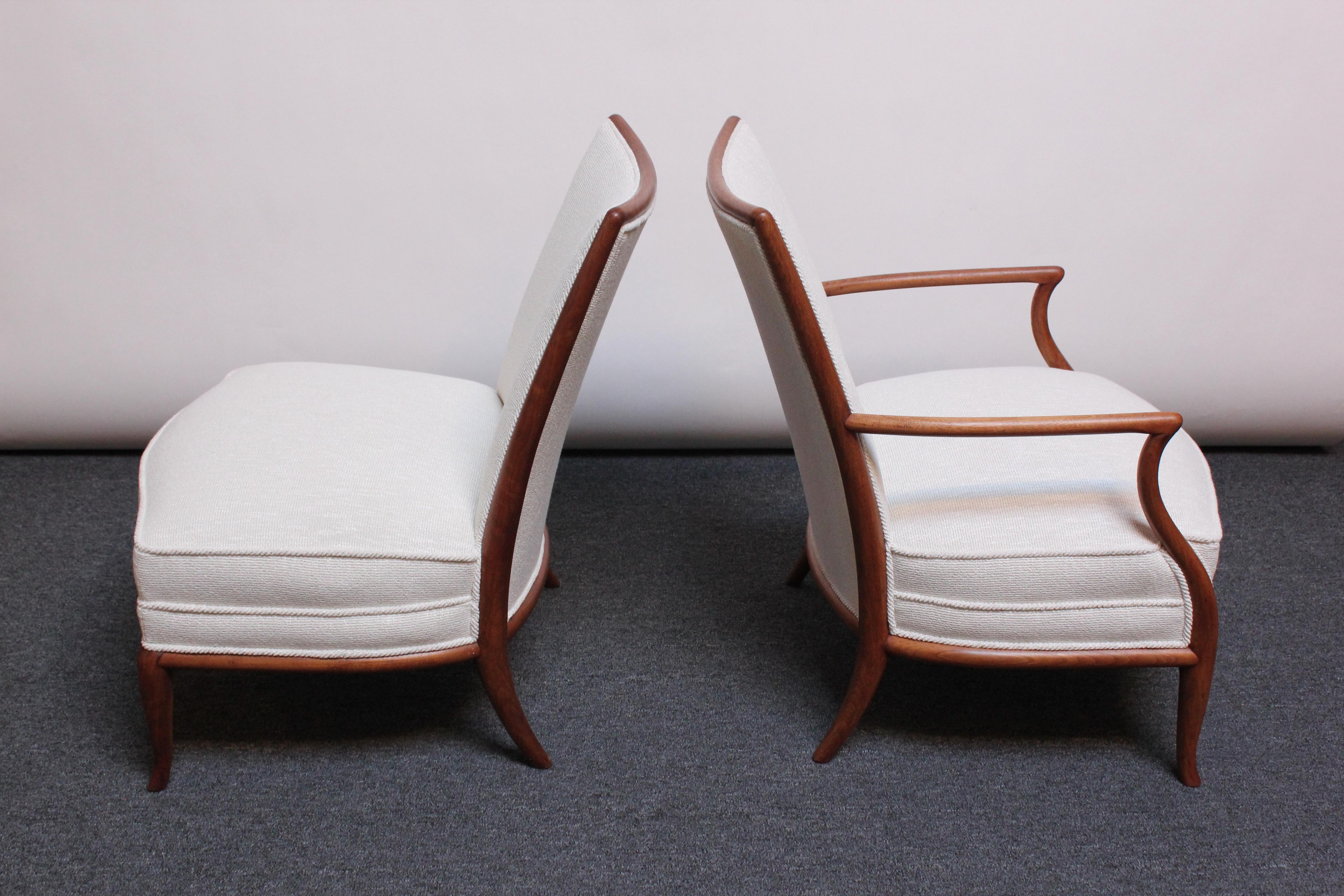 American T.H. Robsjohn-Gibbings Walnut Lounge Chair and Slipper Chair Set