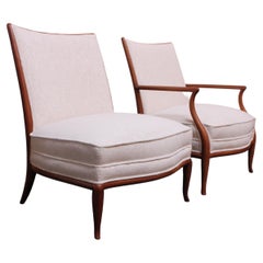 T.H. Robsjohn-Gibbings Walnut Lounge Chair and Slipper Chair Set