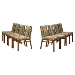 T.H. Robsjohn-Gibbings, chaises de salle à manger en noyer et tissu Scalamandre, États-Unis, années 1950