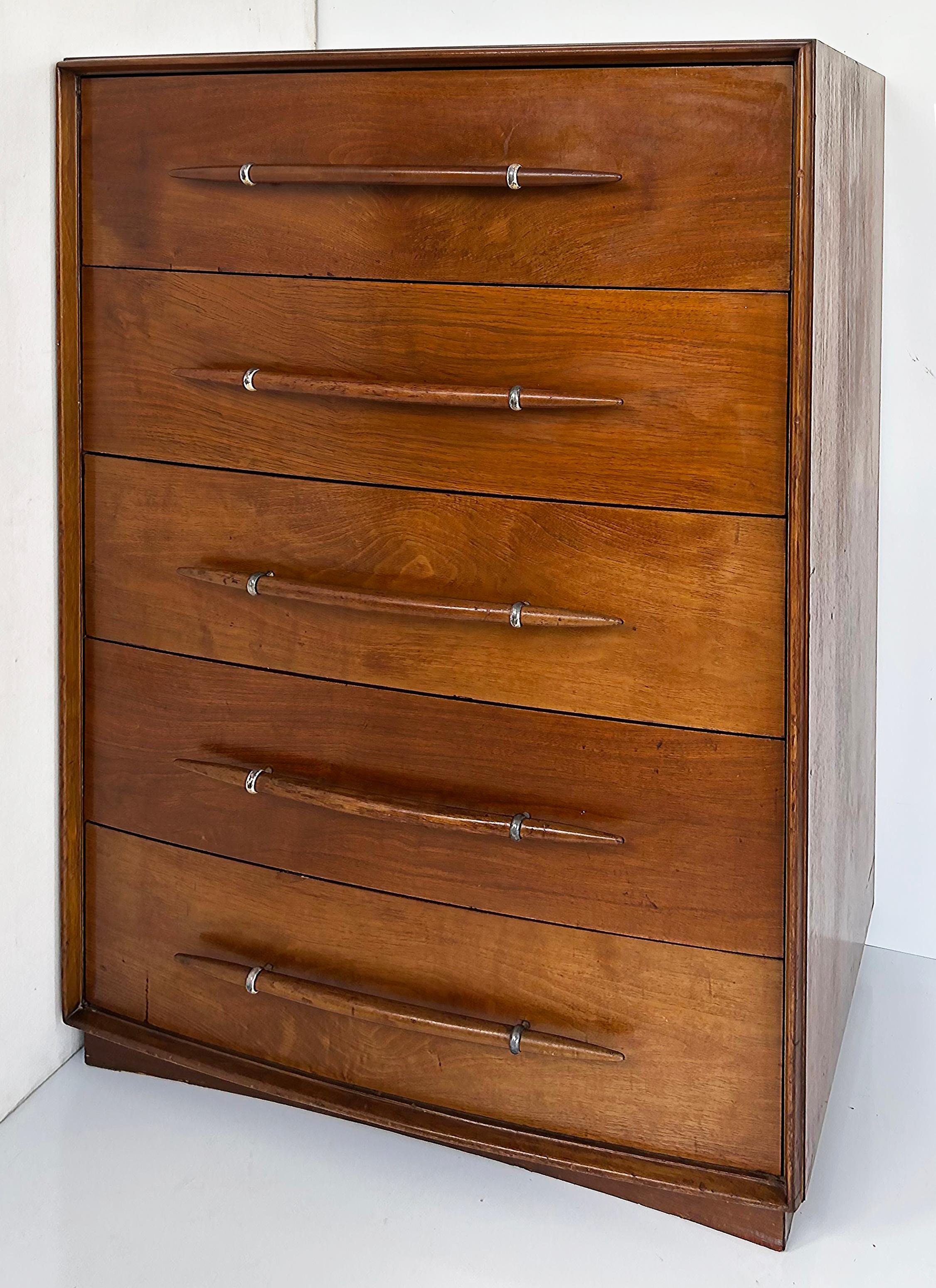 T.H. Robsjohn-Gibbings Widdicomb Tall Walnut Dresser with Spear Shaped Handles For Sale 5