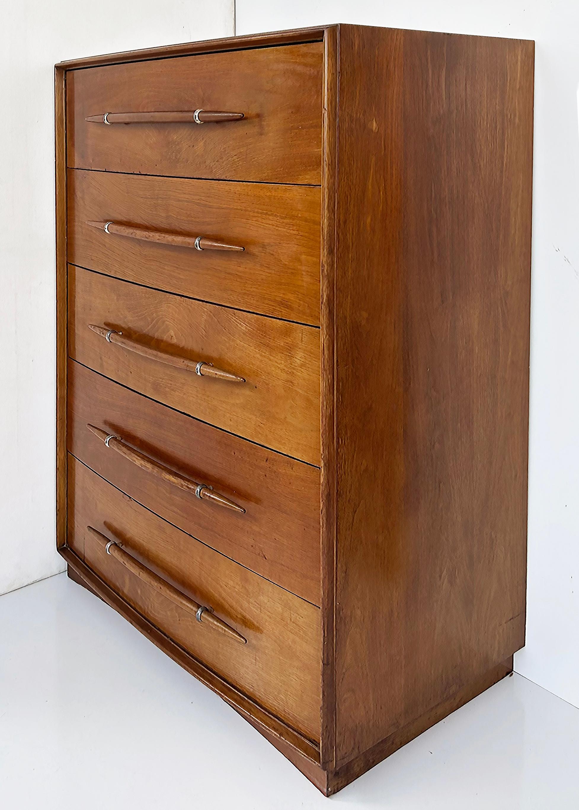 Mid-Century Modern T.H. Robsjohn-Gibbings Widdicomb Tall Walnut Dresser with Spear Shaped Handles For Sale