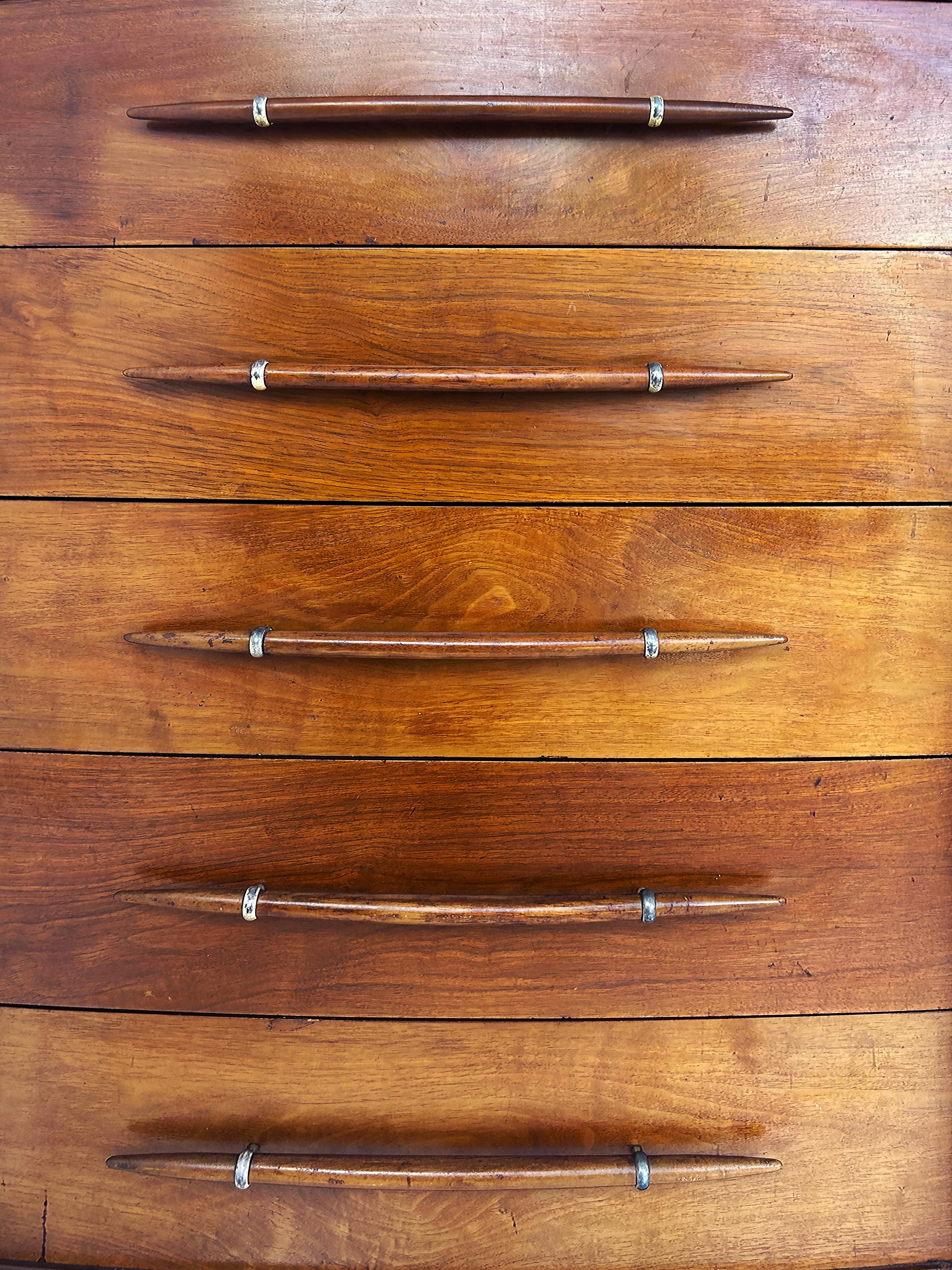 T.H. Robsjohn-Gibbings Widdicomb Tall Walnut Dresser with Spear Shaped Handles In Good Condition For Sale In Miami, FL