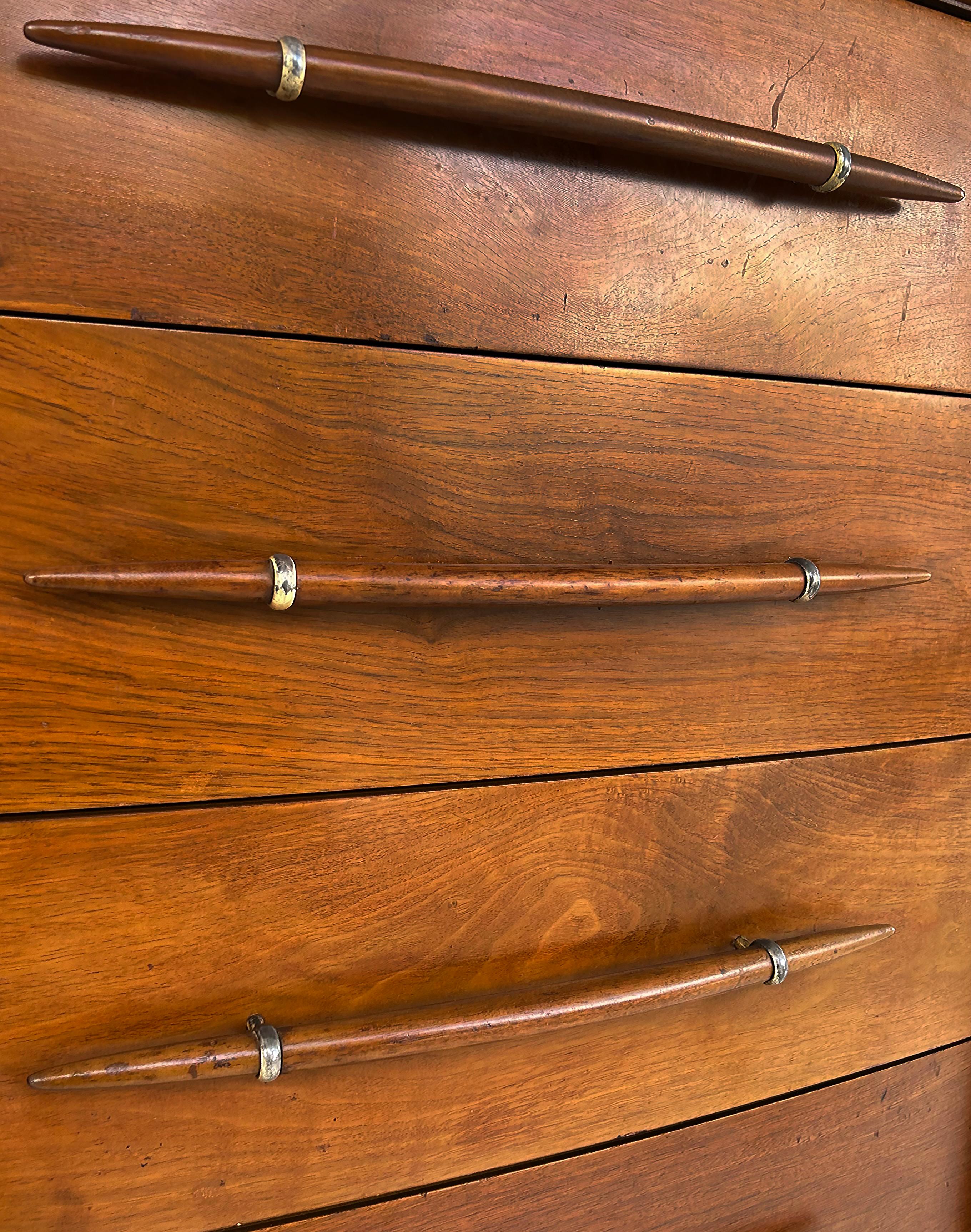 T.H. Robsjohn-Gibbings Widdicomb Tall Walnut Dresser with Spear Shaped Handles For Sale 1
