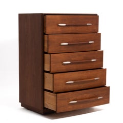 T.H. Robsjohn Gibbings Widdicomb Walnut Spear Handle Five Drawer Chest Dresser