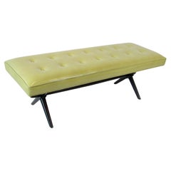 TH Robsjohn Gibbings Widdicomb X base button tufted leather bench