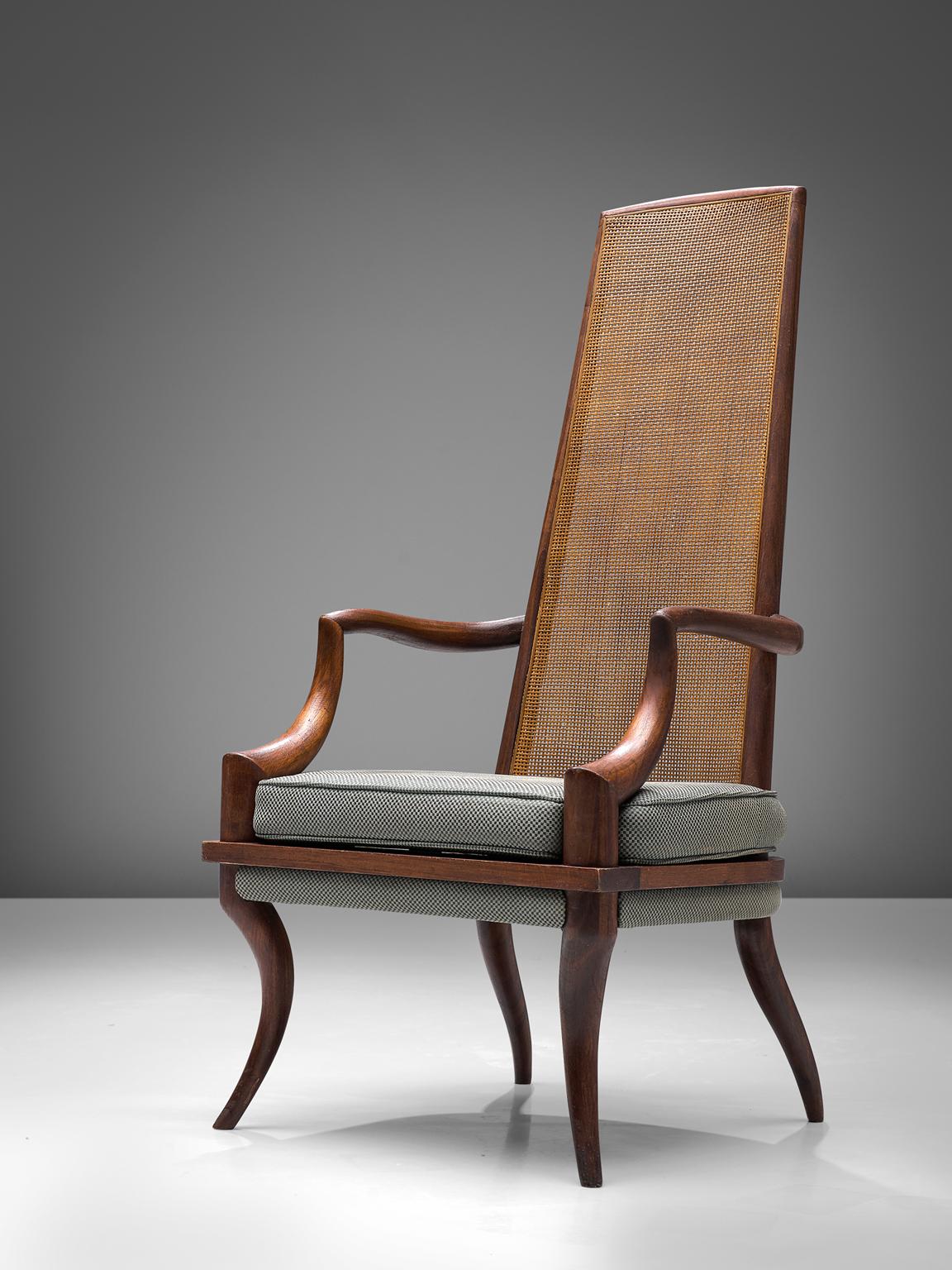 Grand Ledge Chair Co., high back chair, United States, 1950s.

Very elegant high back chair designed by Robsjohn-Gibbings and manufactured by Grand Ledge Chair company in the 1950s. This throne chair features a high back with cane, which combines