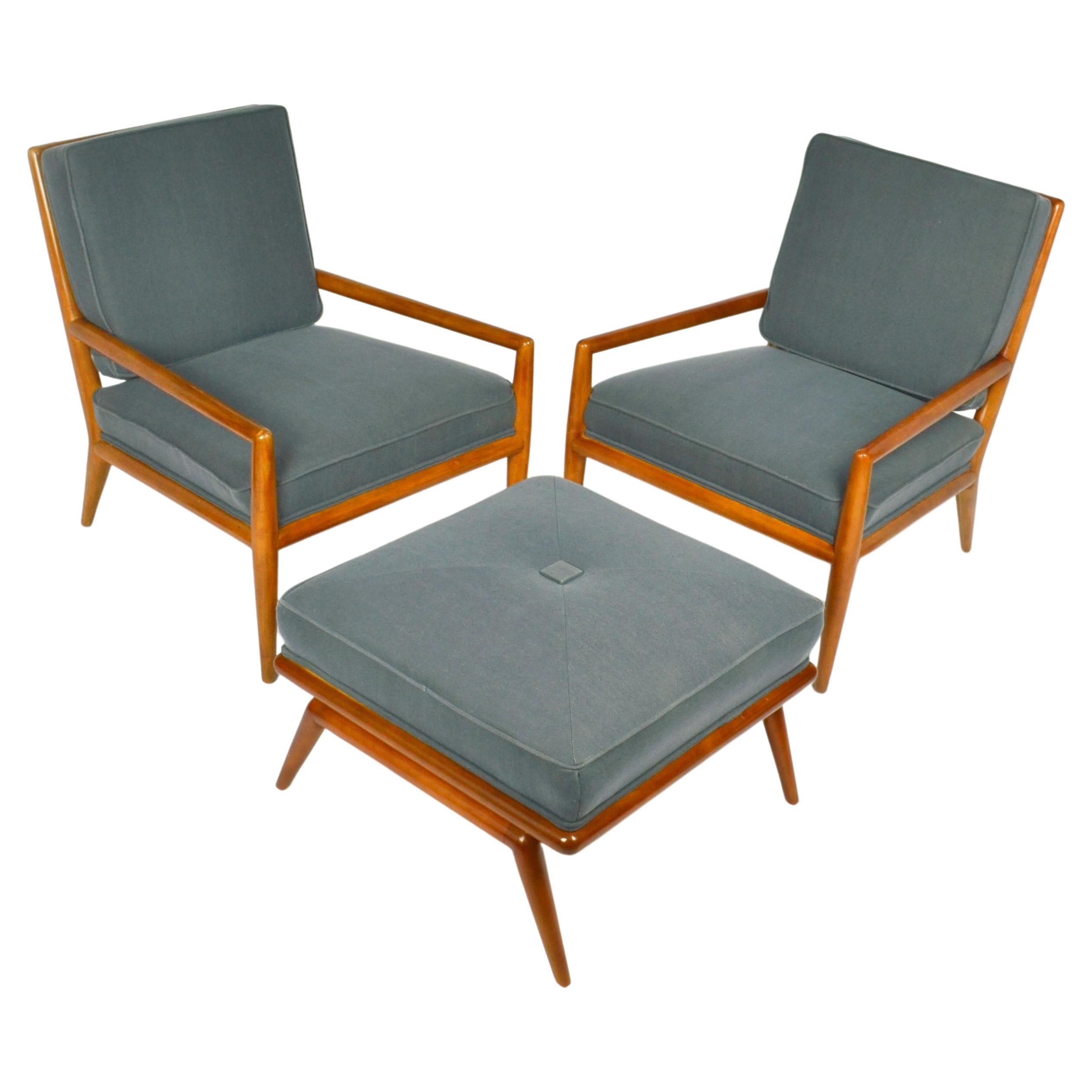 T.H. Robsjohn-Gibbons Pair of Arm Chairs and Foot Stool, Widdicomb 1950's For Sale