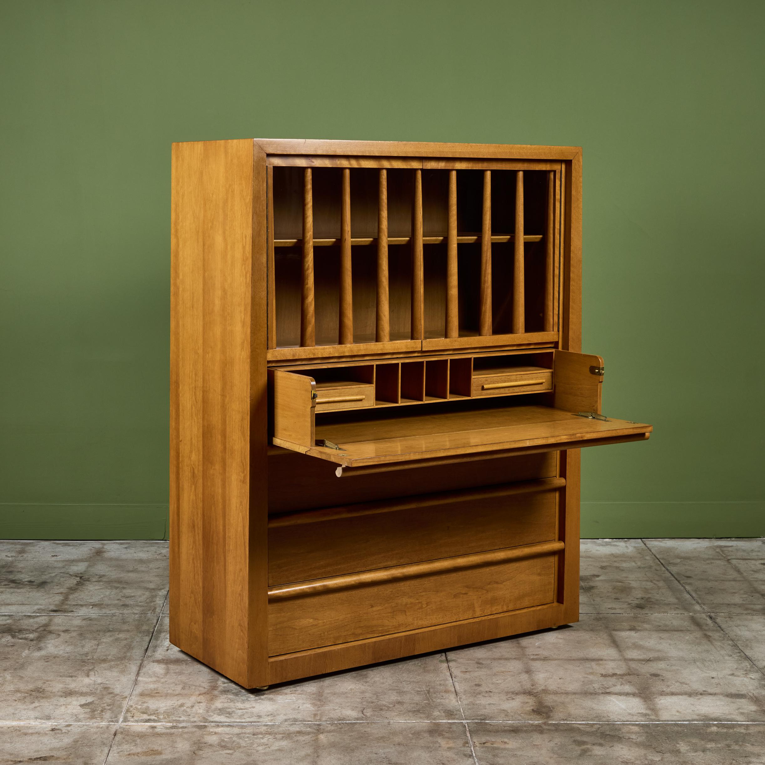 Mid-Century Modern T.H. RobsjohnGibbings Highboy Secretary with Glass Cabinet for Widdicomb For Sale