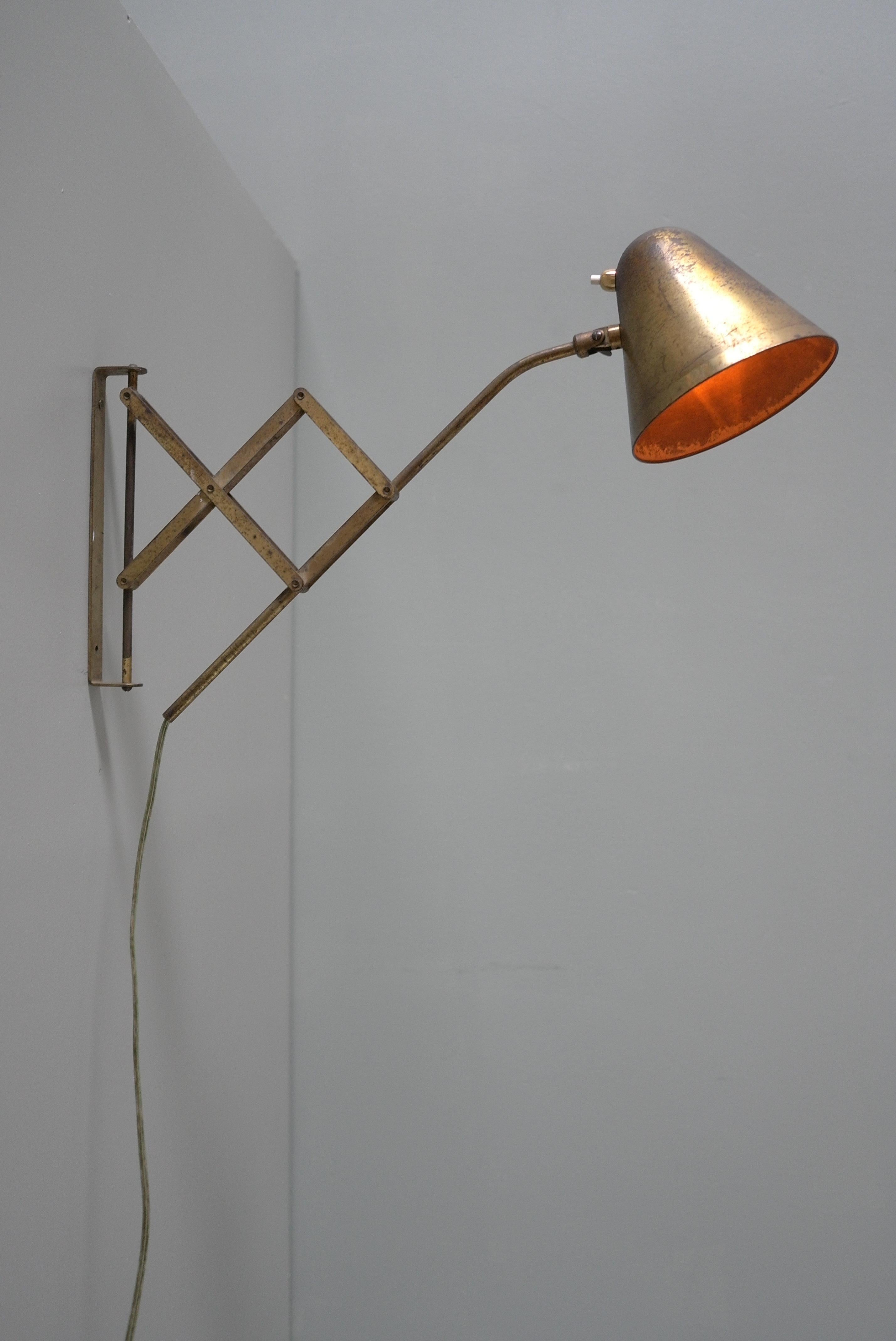 Th. Valentiner by Poul Dinesen Copper Scissor Wall Lamp, Denmark 1950s For Sale 9