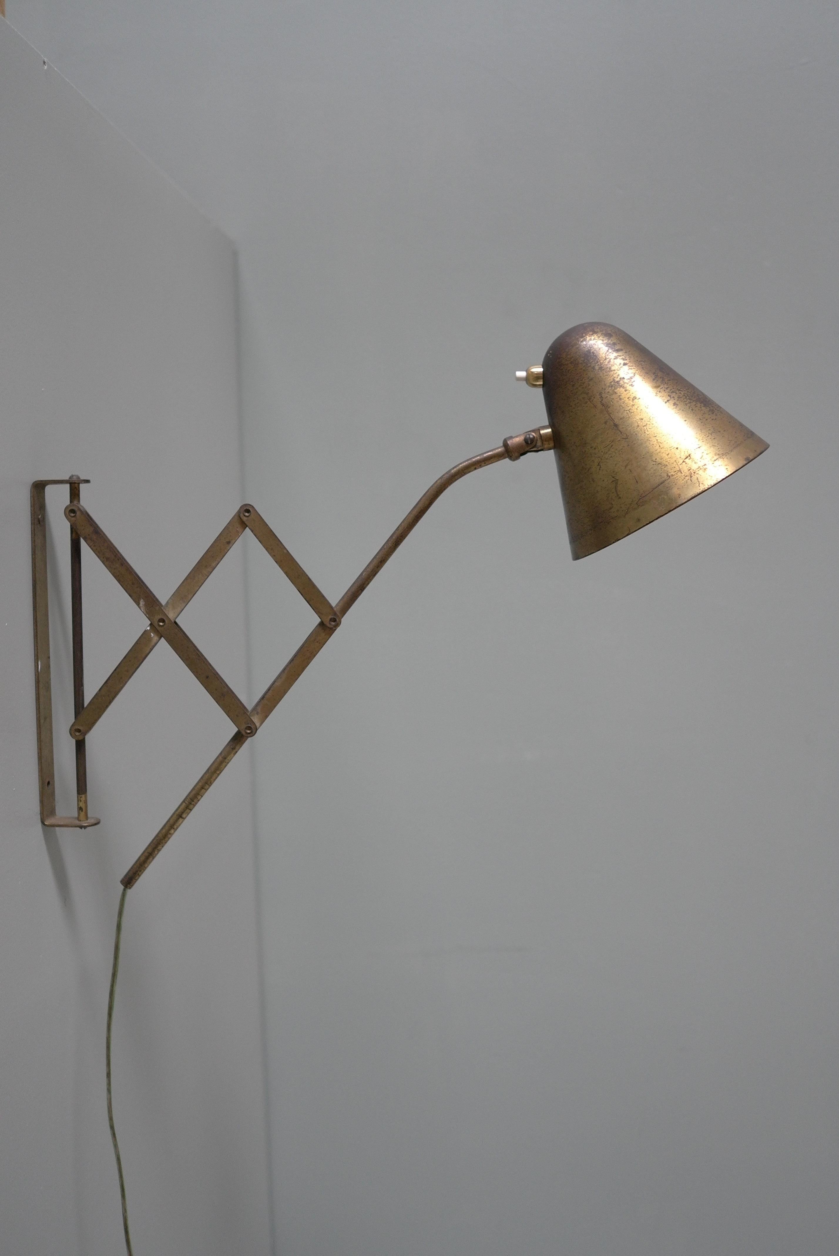 Danish Th. Valentiner by Poul Dinesen Copper Scissor Wall Lamp, Denmark 1950s For Sale