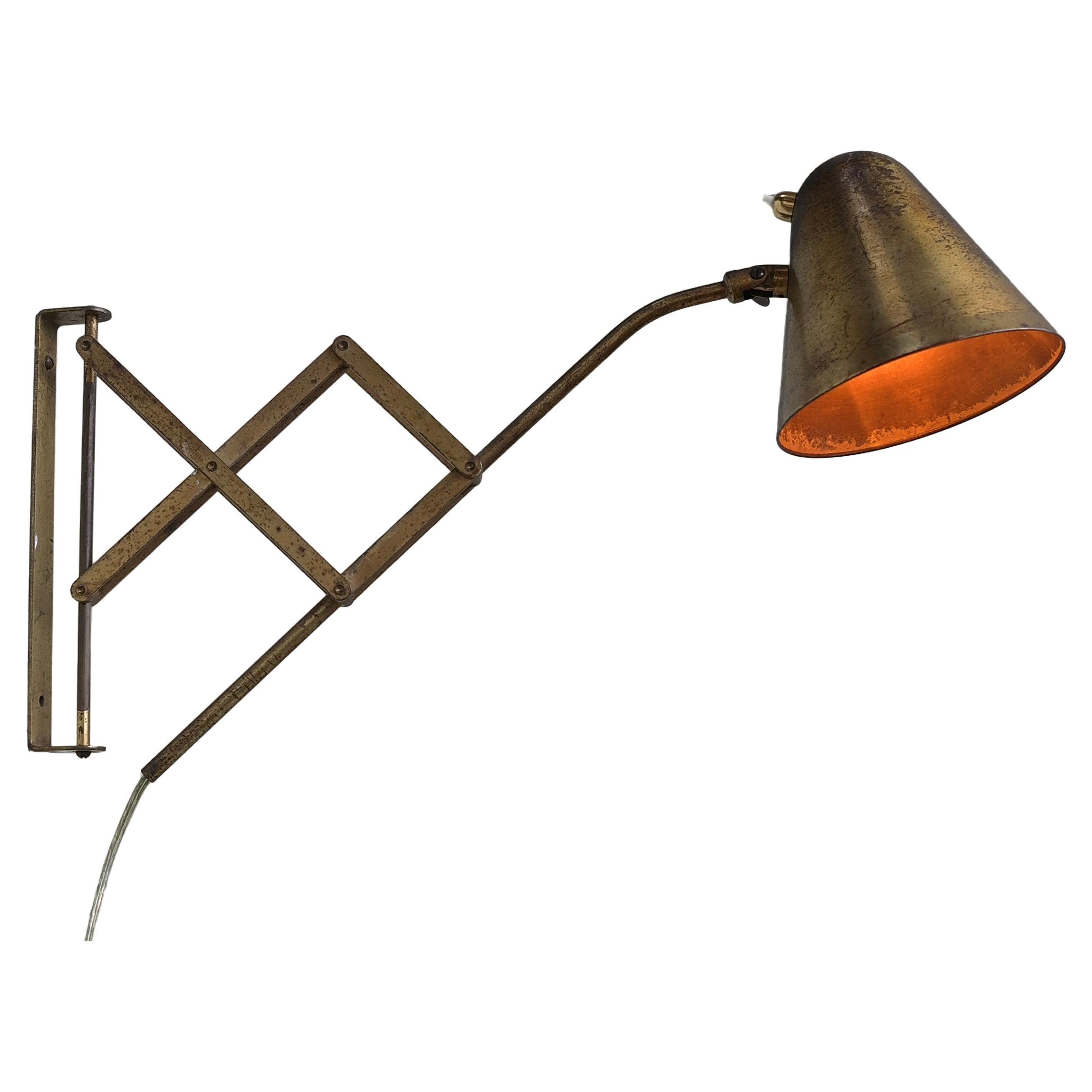 Th. Valentiner by Poul Dinesen Copper Scissor Wall Lamp, Denmark 1950s For Sale