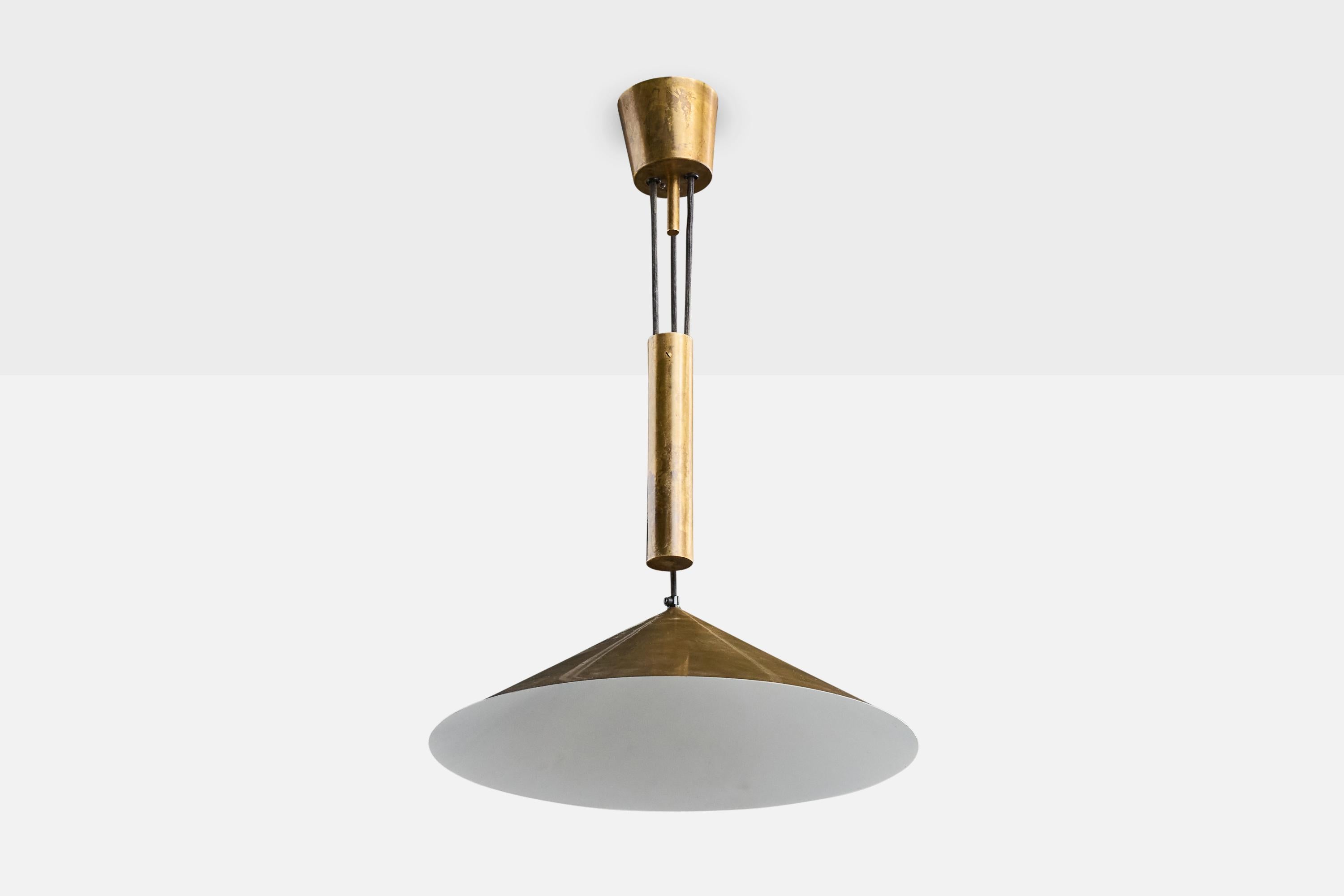 An adjustable brass pendant light produced by T.H. Valentiner, Denmark, c. 1960s.

Cord length is variable, measured as shown.

Overall Dimensions (inches): 26.0