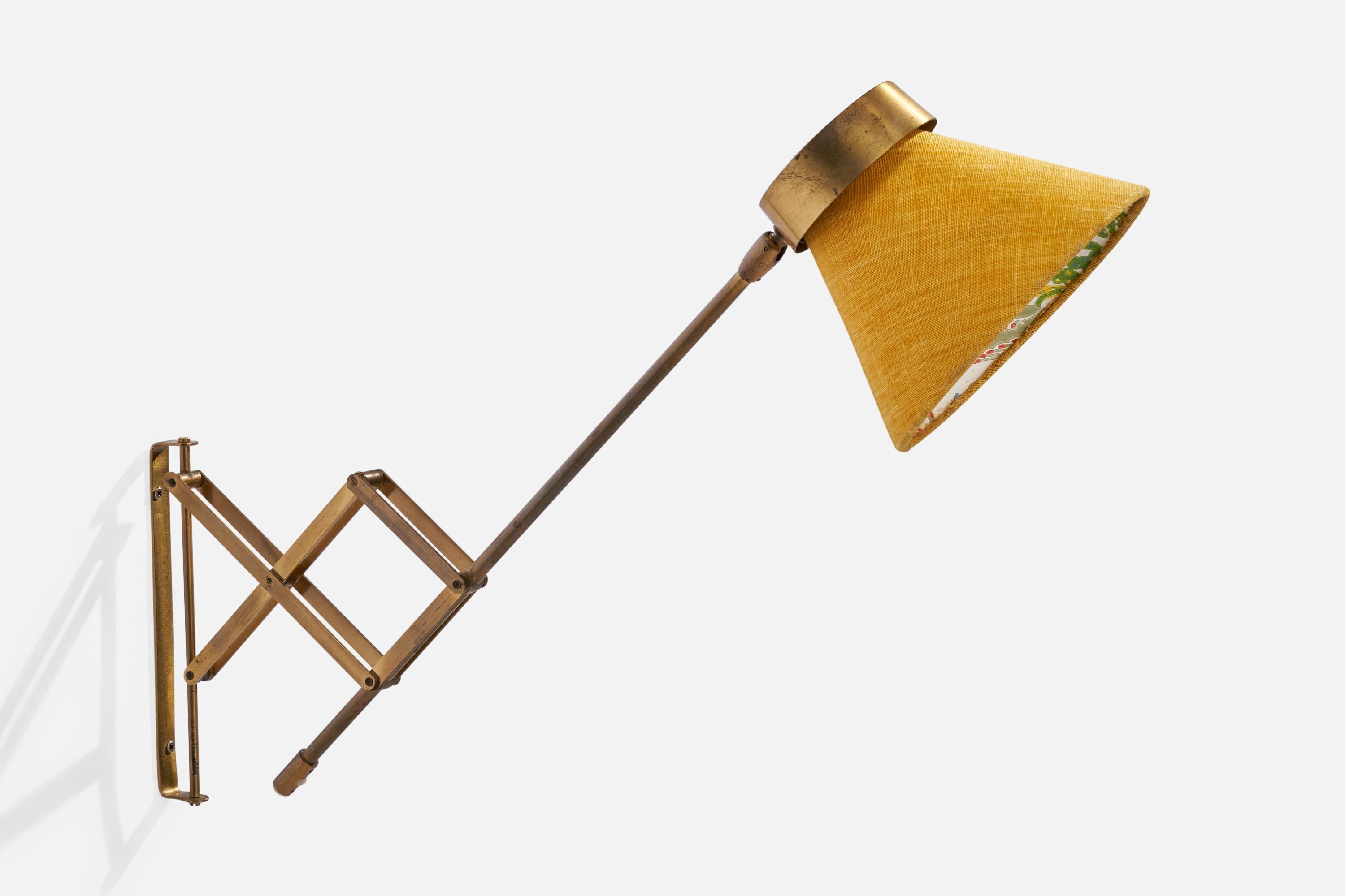 An adjustable brass and yellow fabric wall light designed and produced by T.H. Valentiner, Denmark, 1950s.

Please note lamp is configured for plug-in. With cord feeding from bottom of stem.

Overall Dimensions (inches): 21.5”  H x 6.75” W x 26.5”