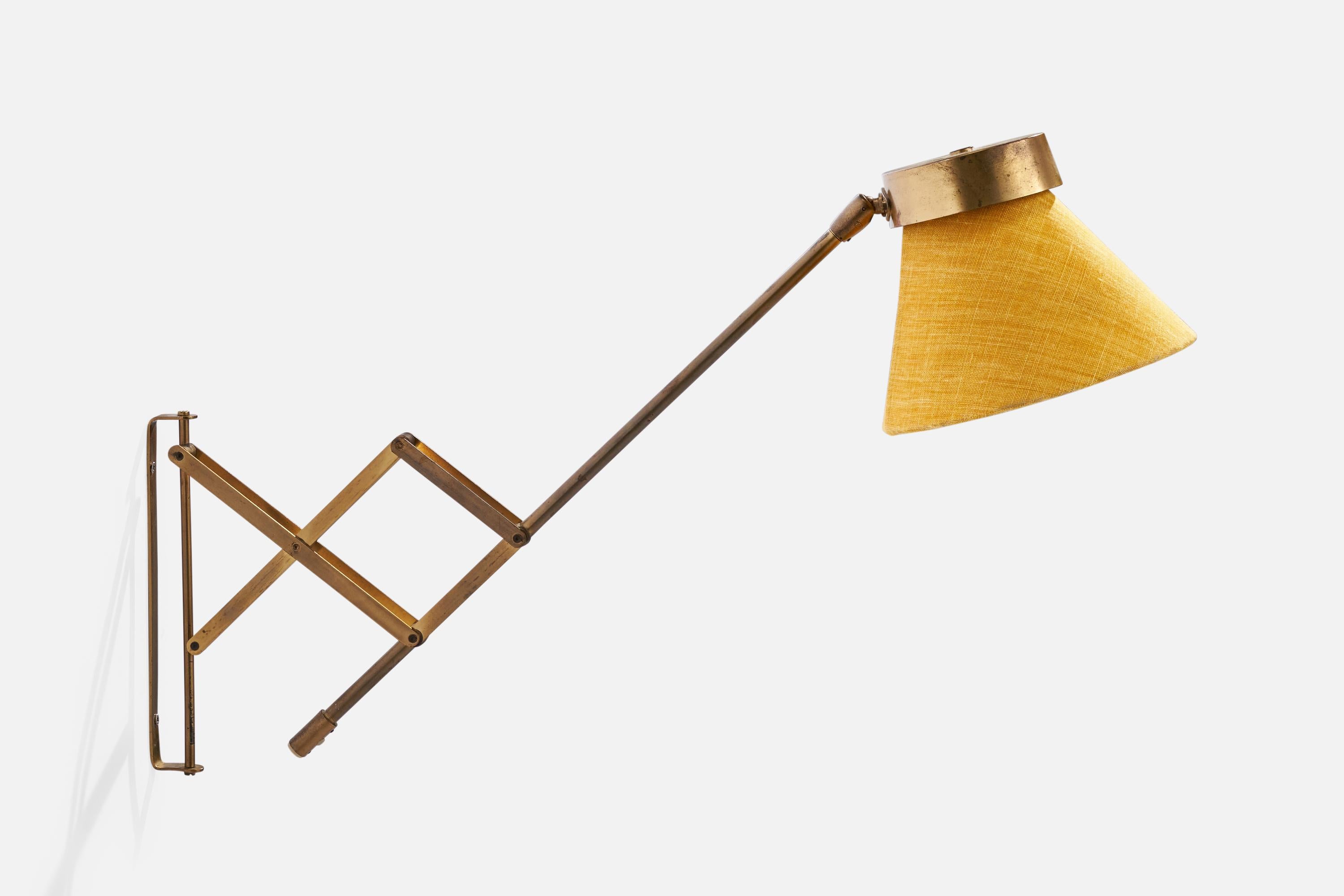 Danish T.H. Valentiner, Wall Light, Brass, Fabric, Denmark, 1950s For Sale