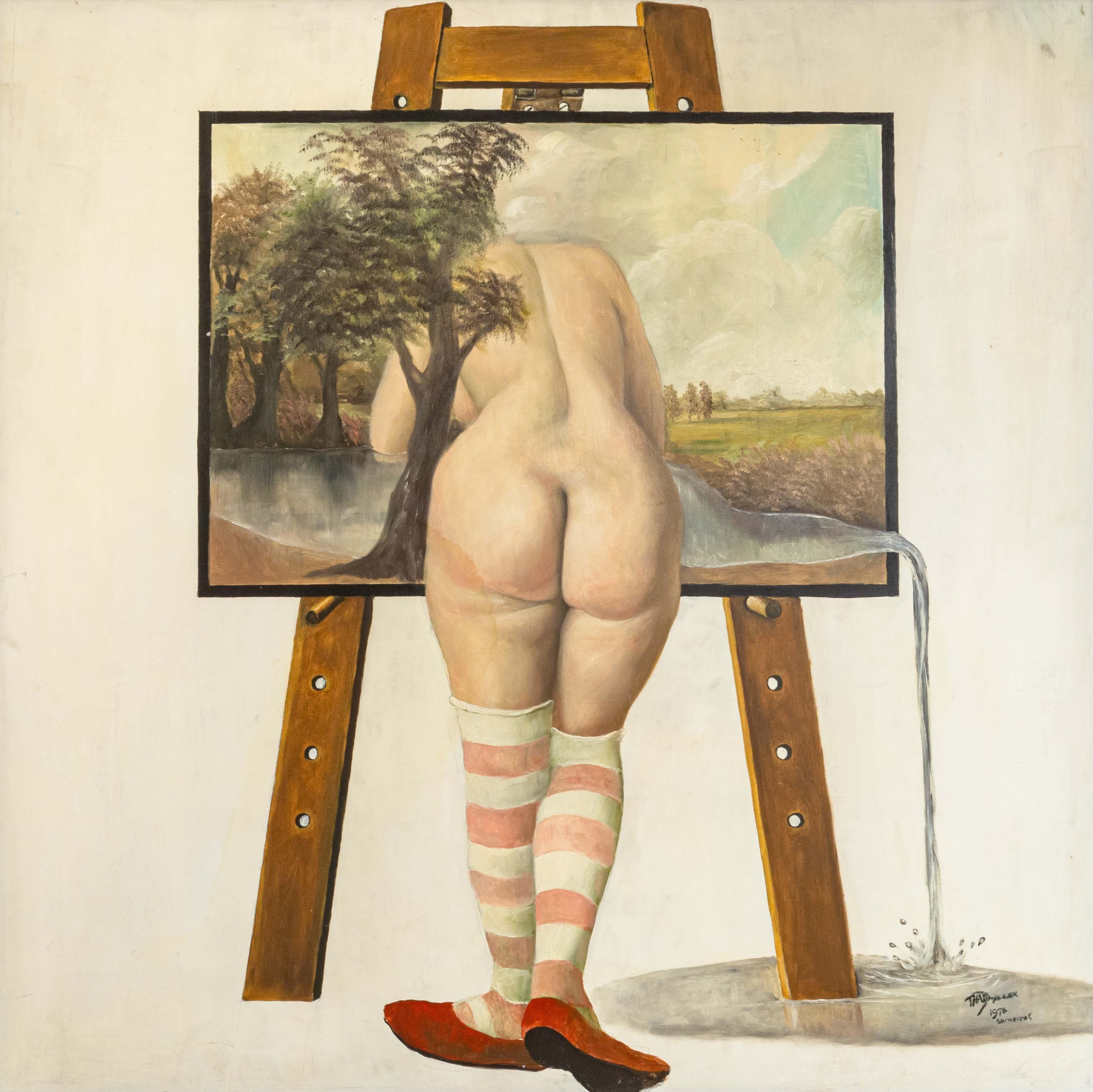 American Thad Miller Nude at Easel Signed Modern Oil Painting Somerset Series 1978 Framed For Sale
