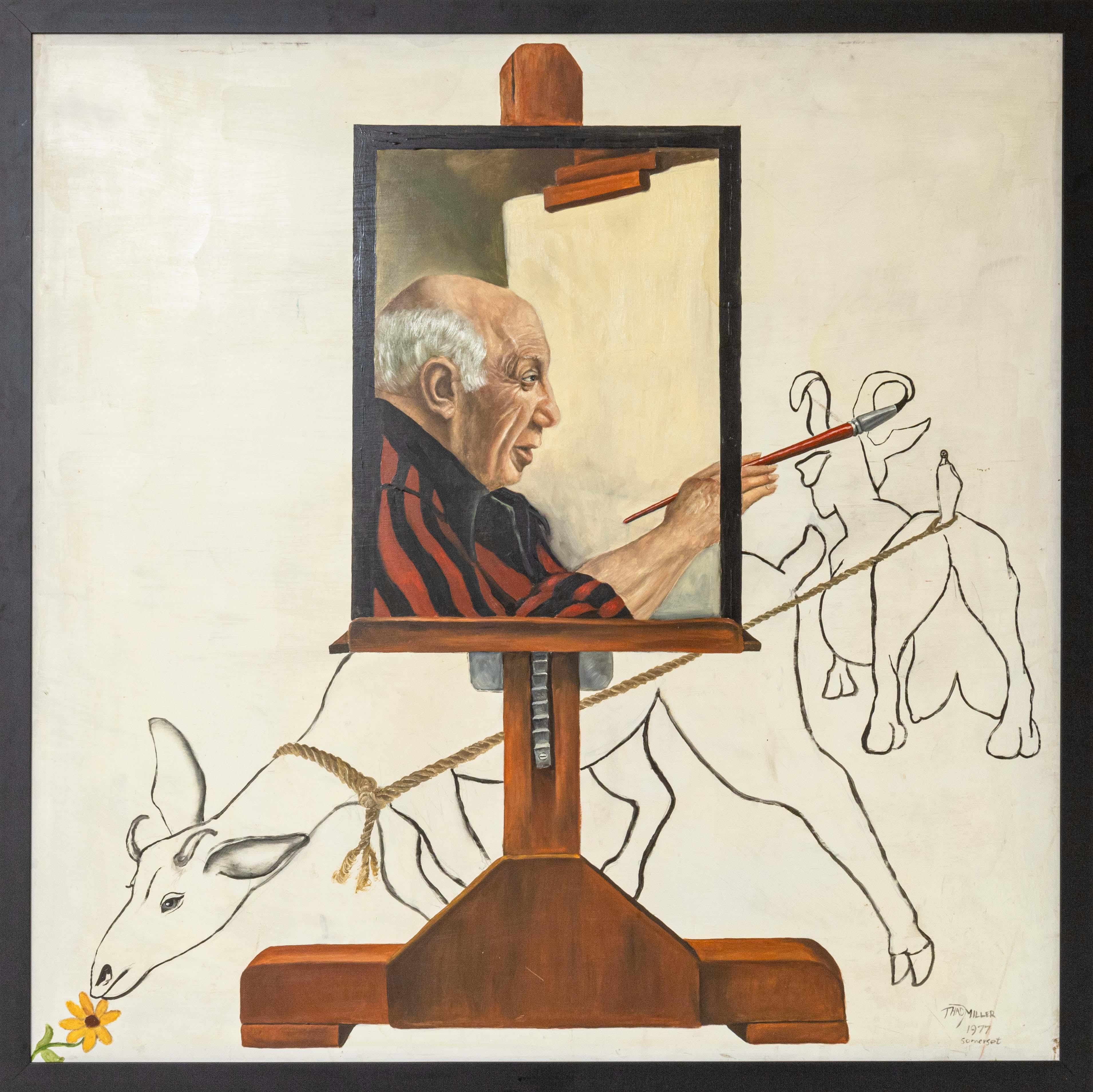 Pintura al óleo sobre tabla del artista estadounidense Thad Miller (1933-1986). Firmado y anotado 