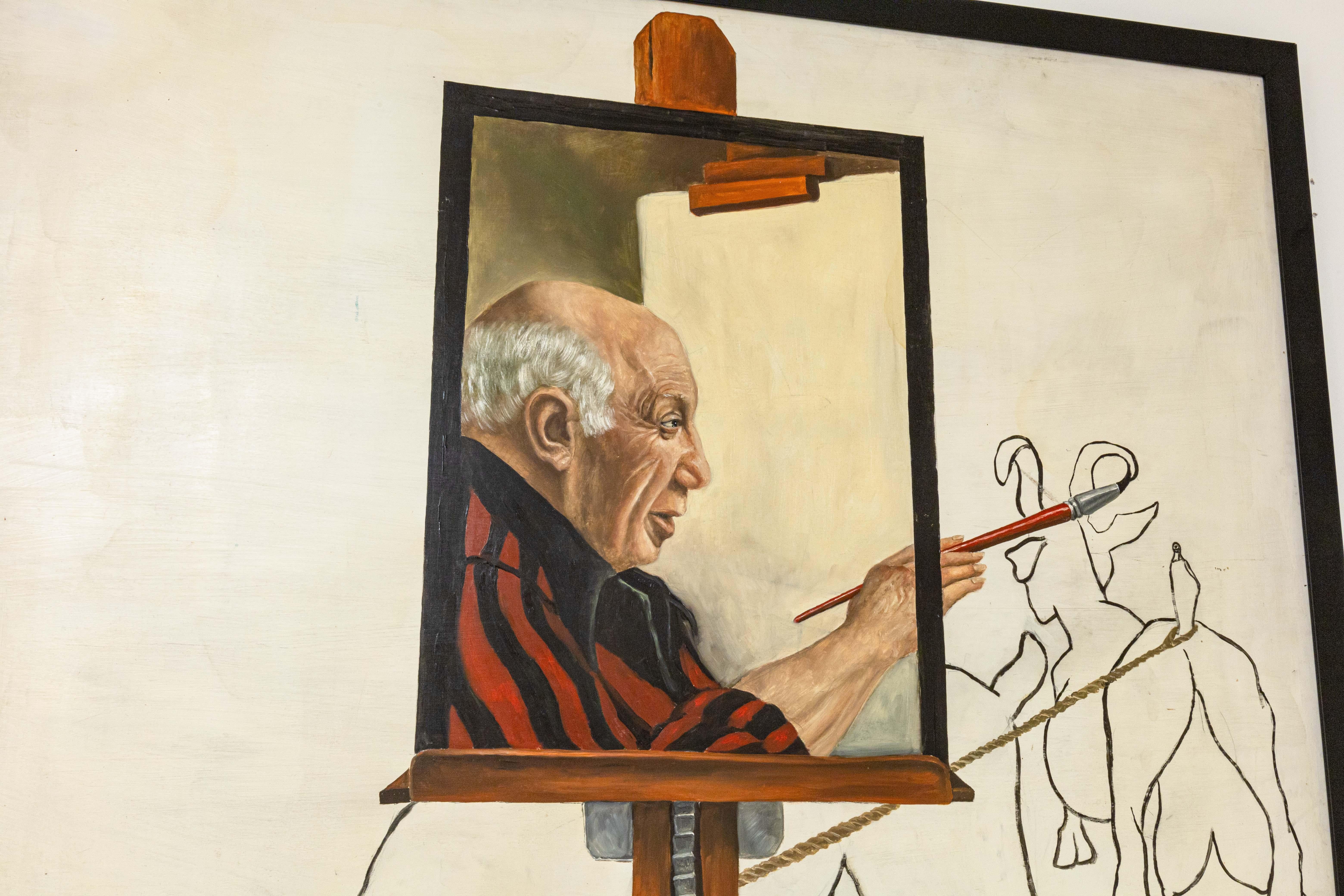 Thad Miller Picasso en el caballete Cuadro al óleo firmado Serie Somerset 1977 Enmarcado en Bueno estado para la venta en Keego Harbor, MI