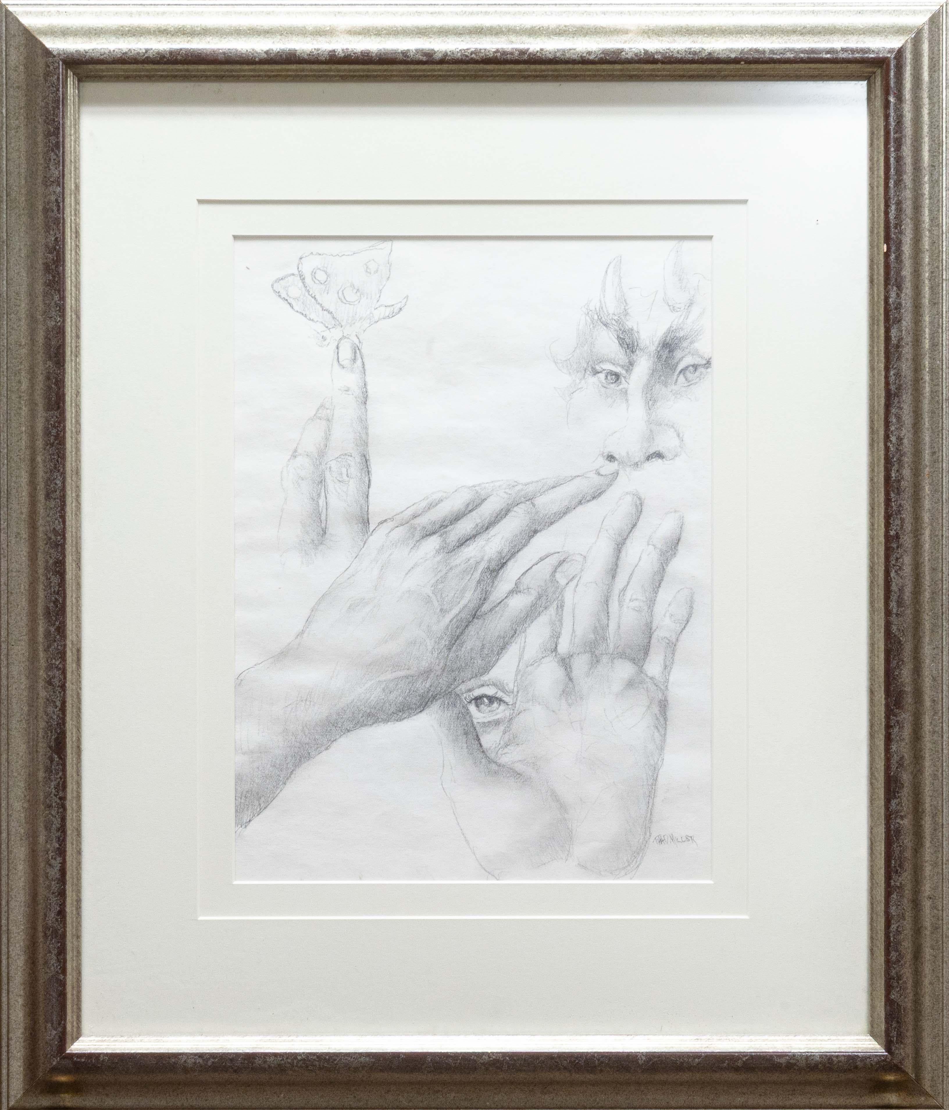 Un dessin expressif au crayon sur papier de Thad Miller. Main signée en bas à droite. La composition présente un ensemble frappant de mains détaillées dans des positions variées : une main tendue vers l'extérieur, une autre tenant délicatement un