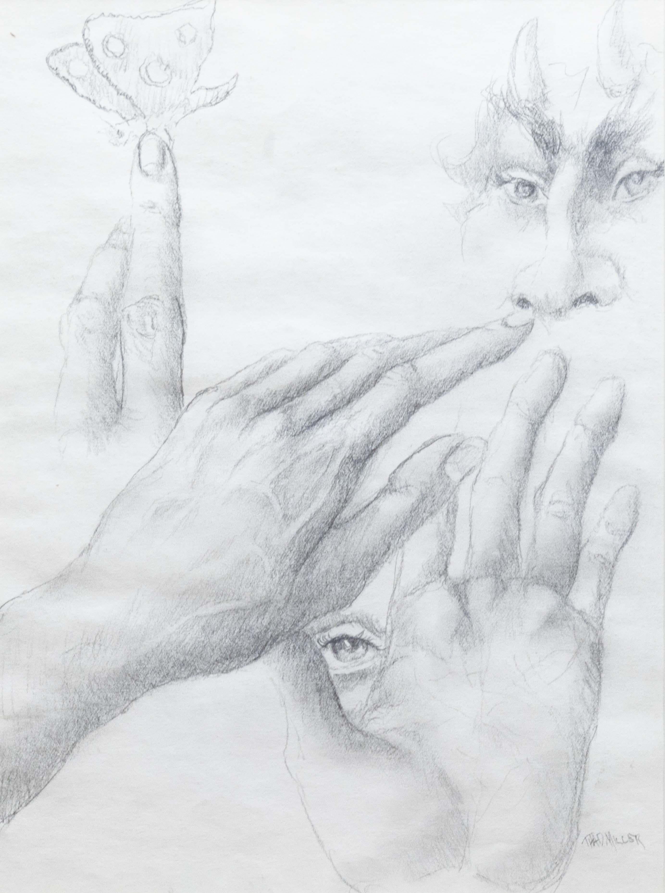 Américain A Miller Signed Modern Figurative Signed Pencil Drawing on Paper Framed Art en vente