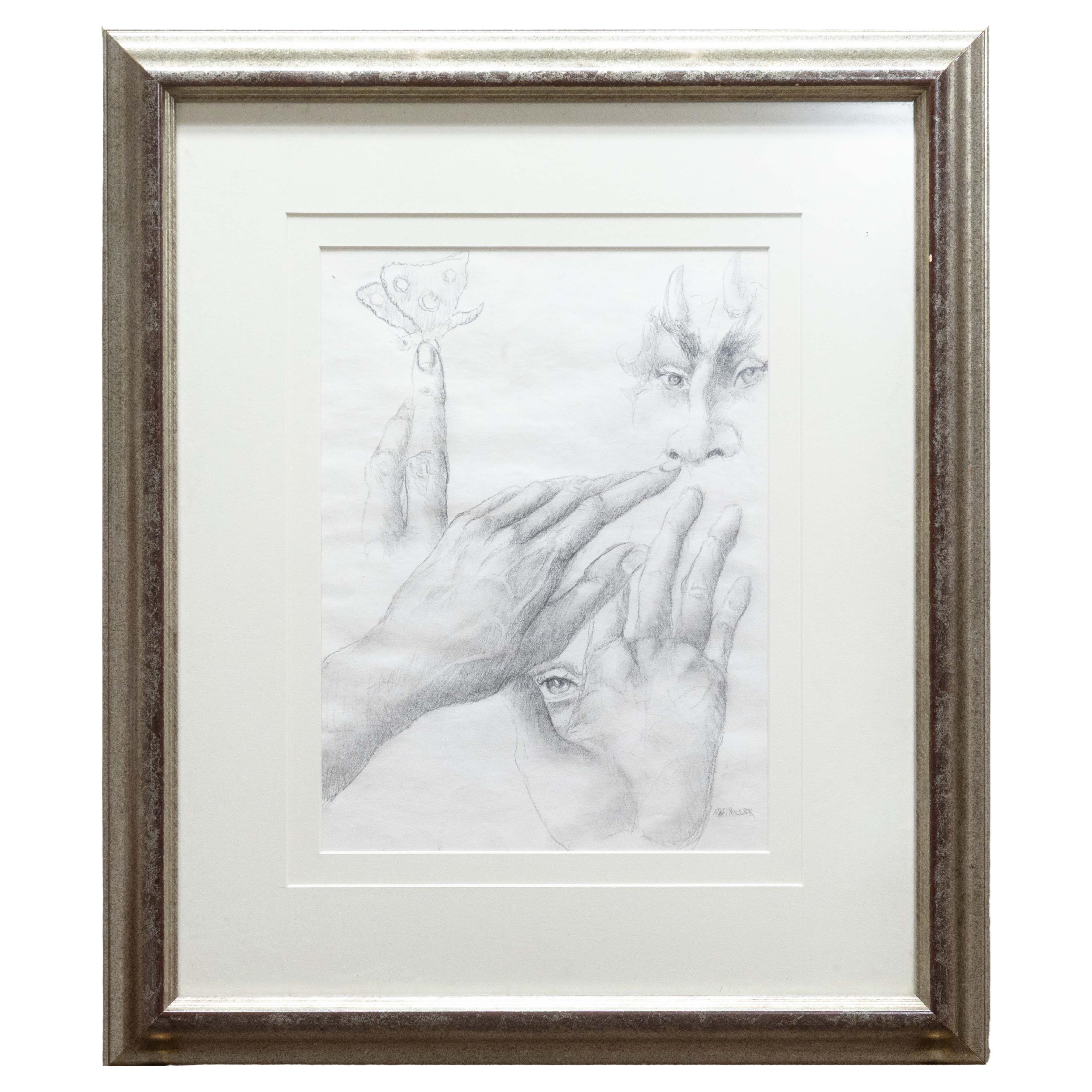 A Miller Signed Modern Figurative Signed Pencil Drawing on Paper Framed Art