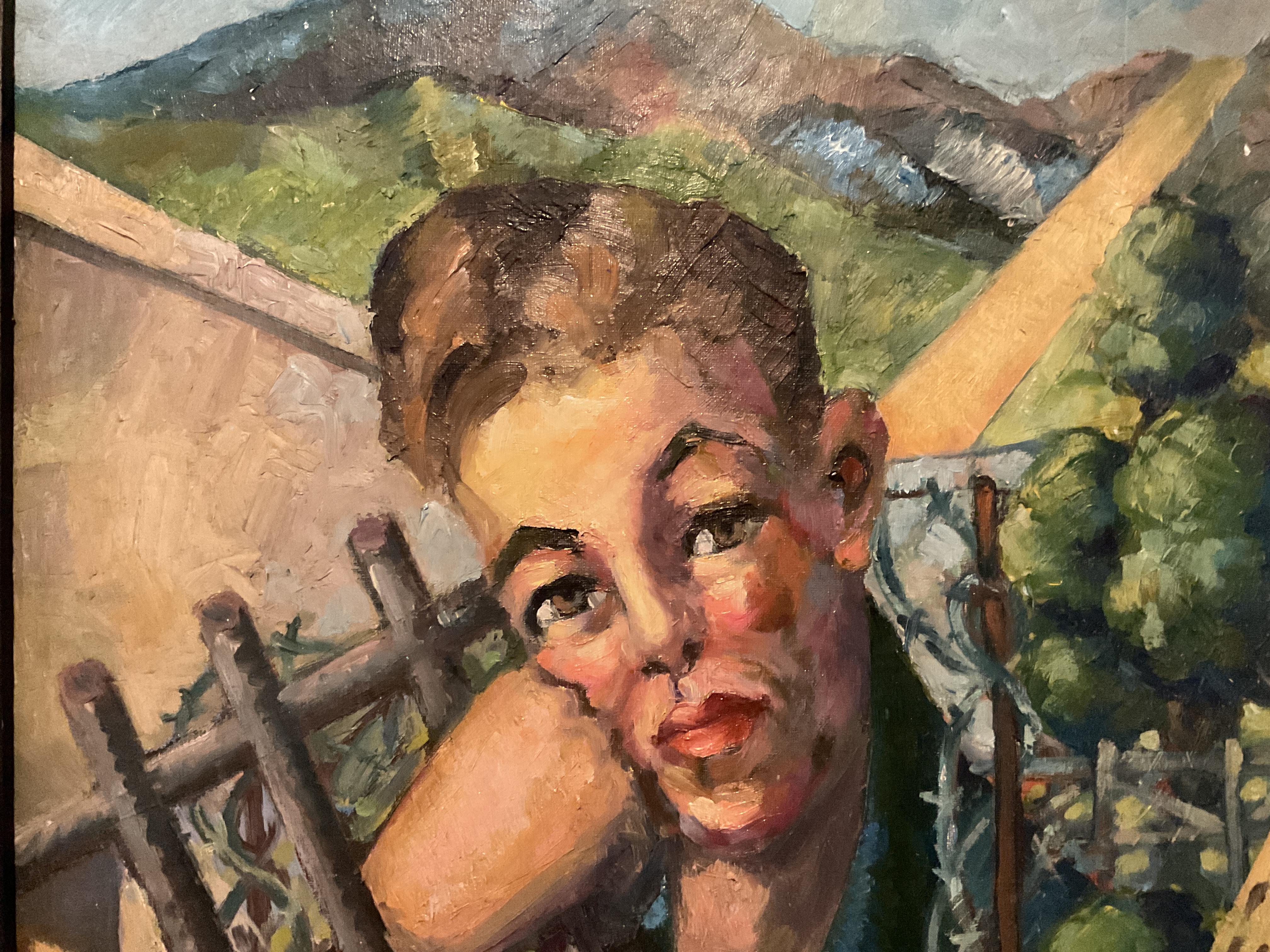 Self-Portrait d'epoca dell'artista  Pittura a olio - Commento sociale urbano e rurale - Portrait Painting Marrone di Thaddeus Haduch
