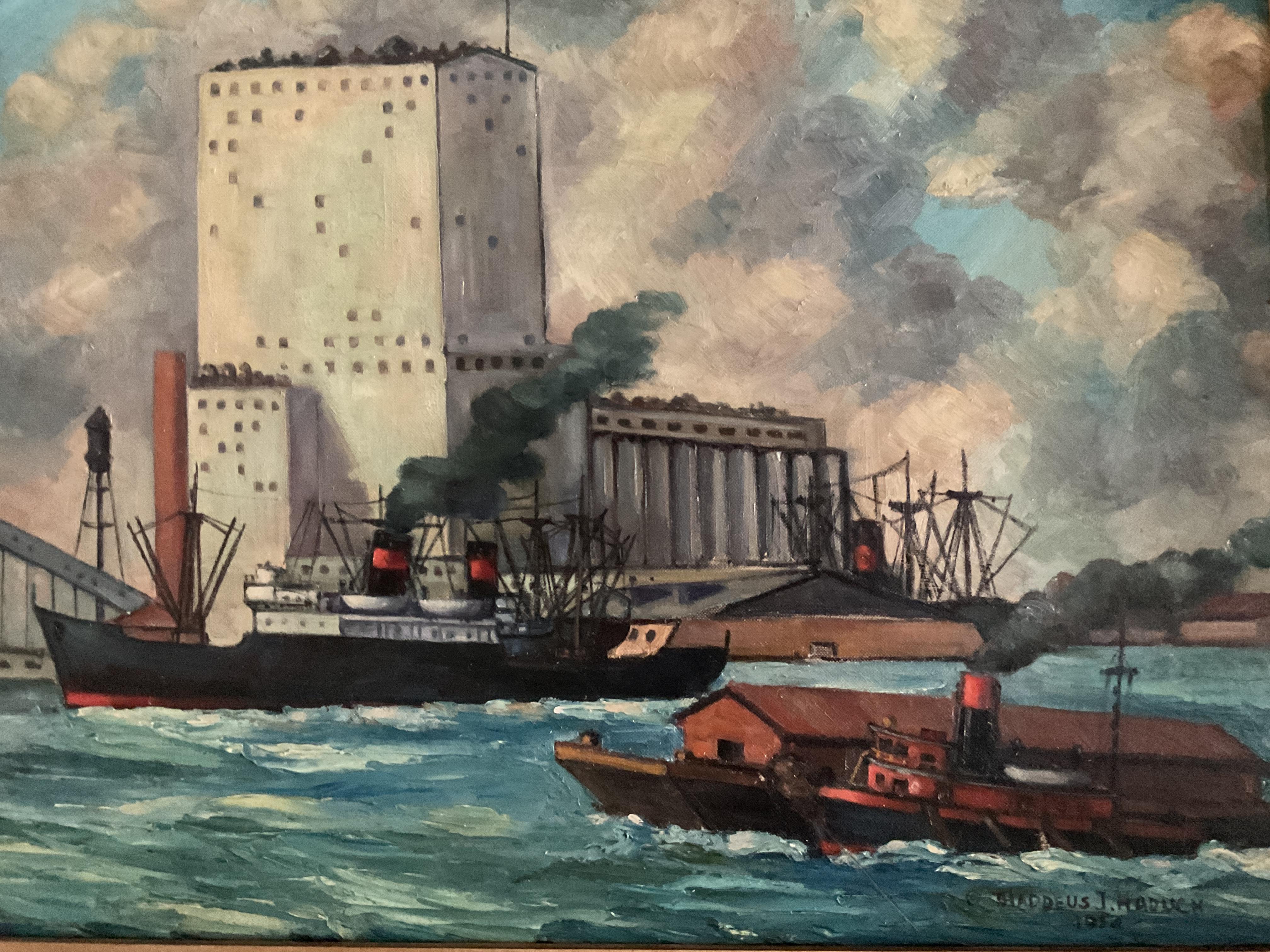 Pittura ad olio d'epoca con colori vivaci sul porto di Baltimora, di un artista quotato, 1954 - Painting di Thaddeus Haduch