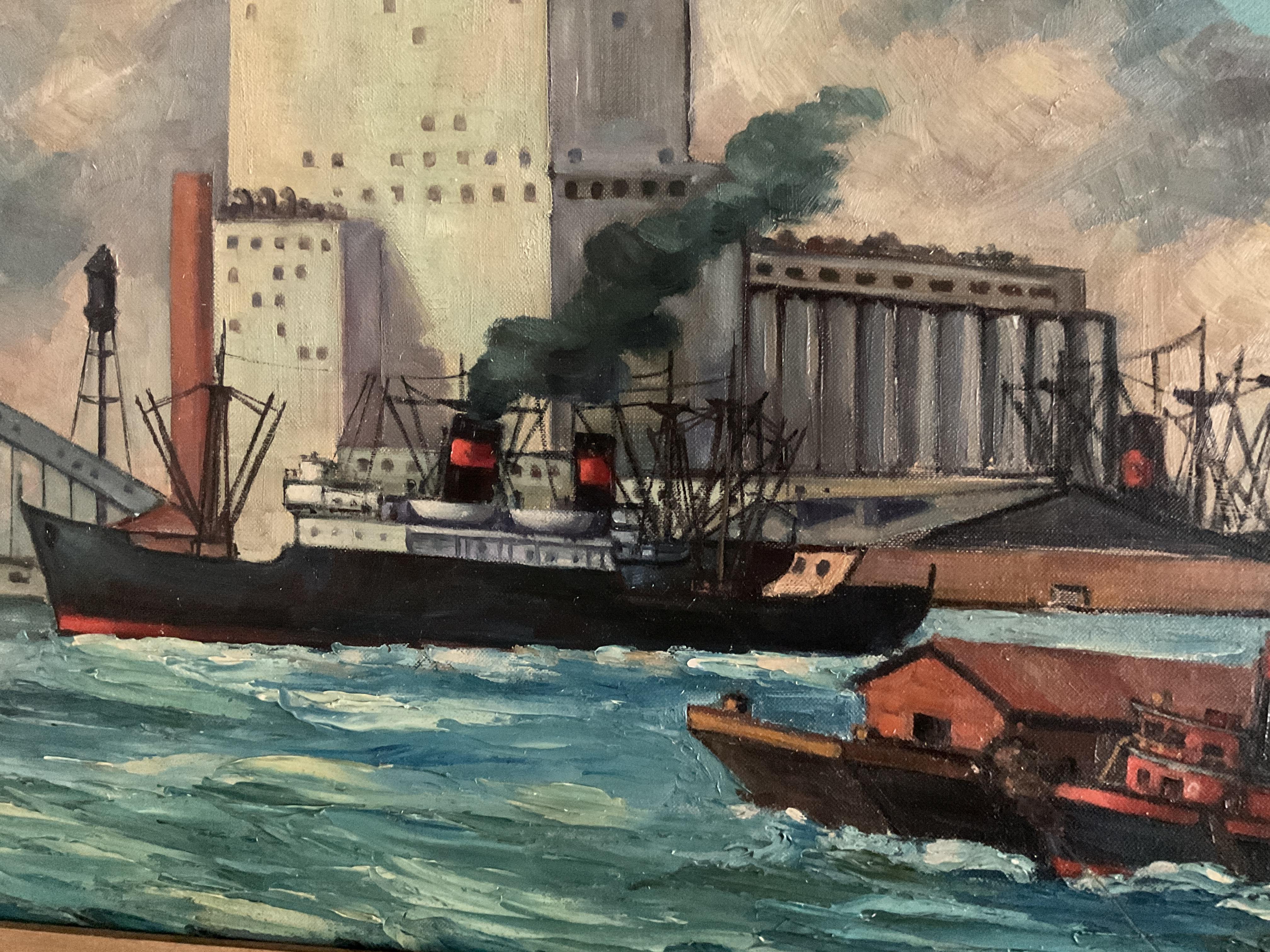 Pittura ad olio d'epoca con colori vivaci sul porto di Baltimora, di un artista quotato, 1954 - Painting American Modern di Thaddeus Haduch