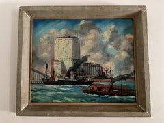 Vintage Colorful Baltimore Harbor Shipping Oil Painting, by listed artist, 1954