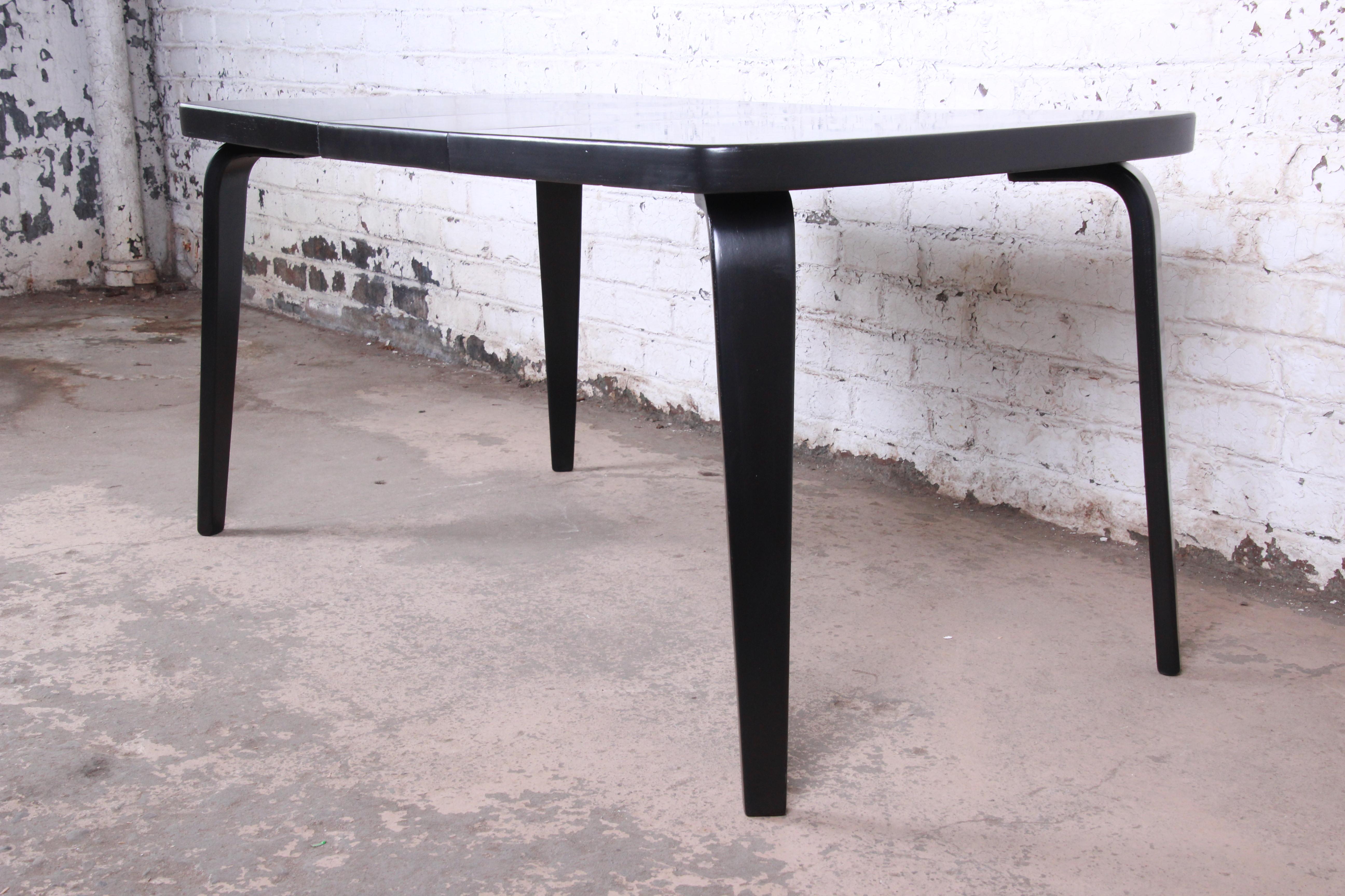 American Thaden Jordan Black Lacquered Bentwood Birch Extension Dining Table, 1940s