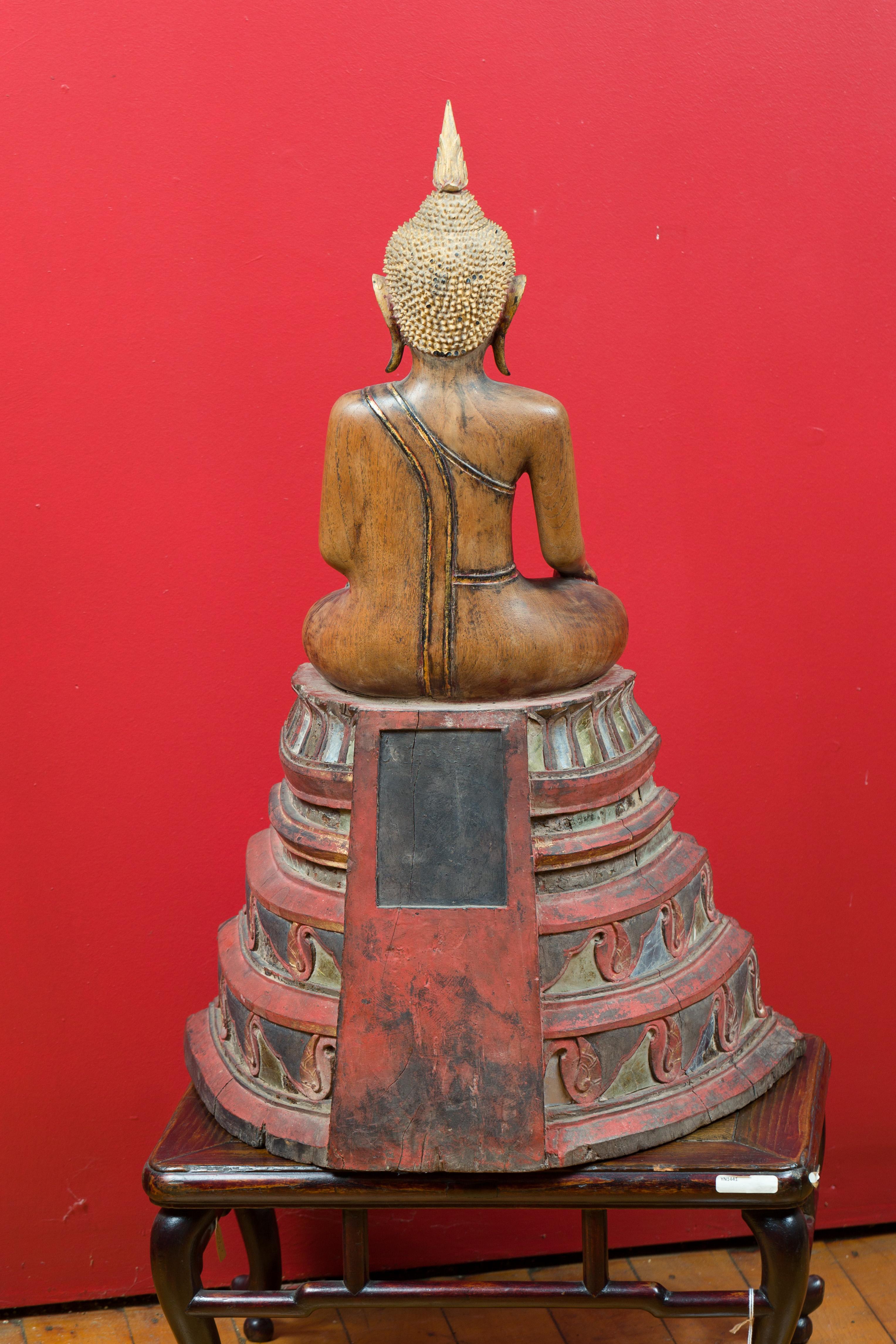 Thai 18th Century Carved Teak Seated Buddha Calling the Earth to Witness 6