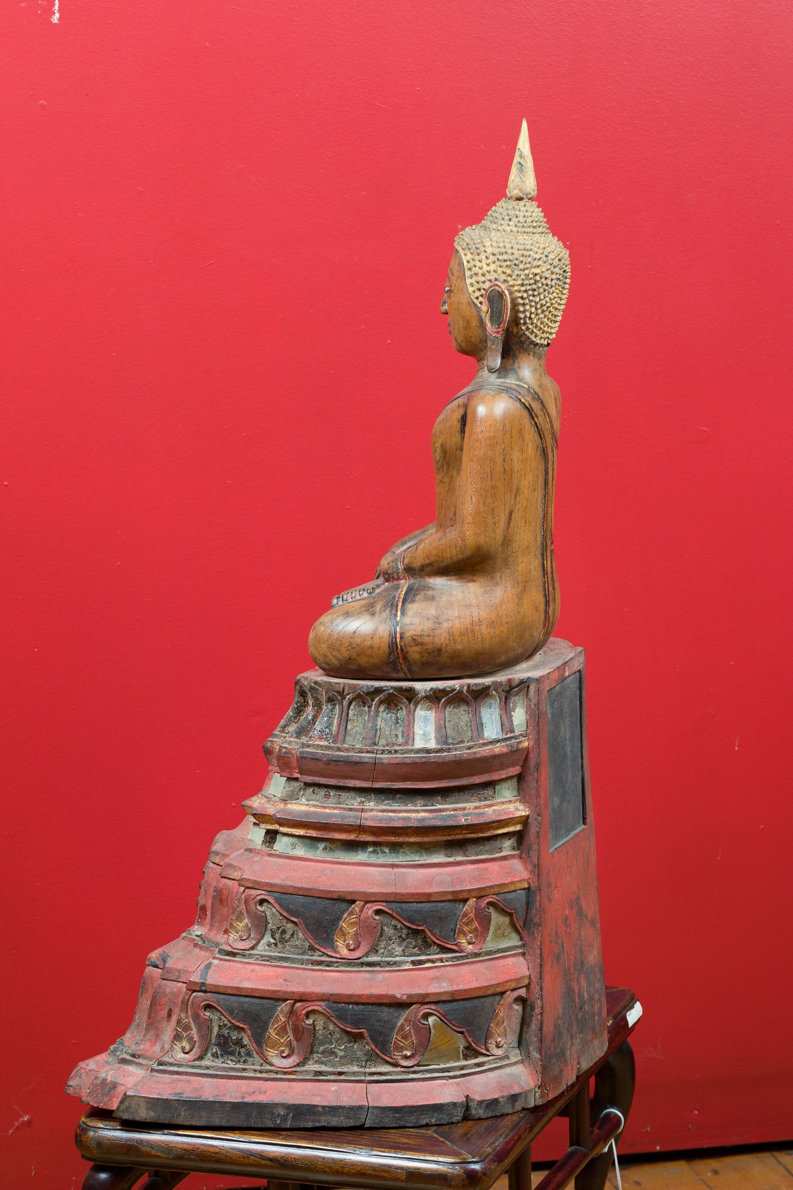 Thai 18th Century Carved Teak Seated Buddha Calling the Earth to Witness 7