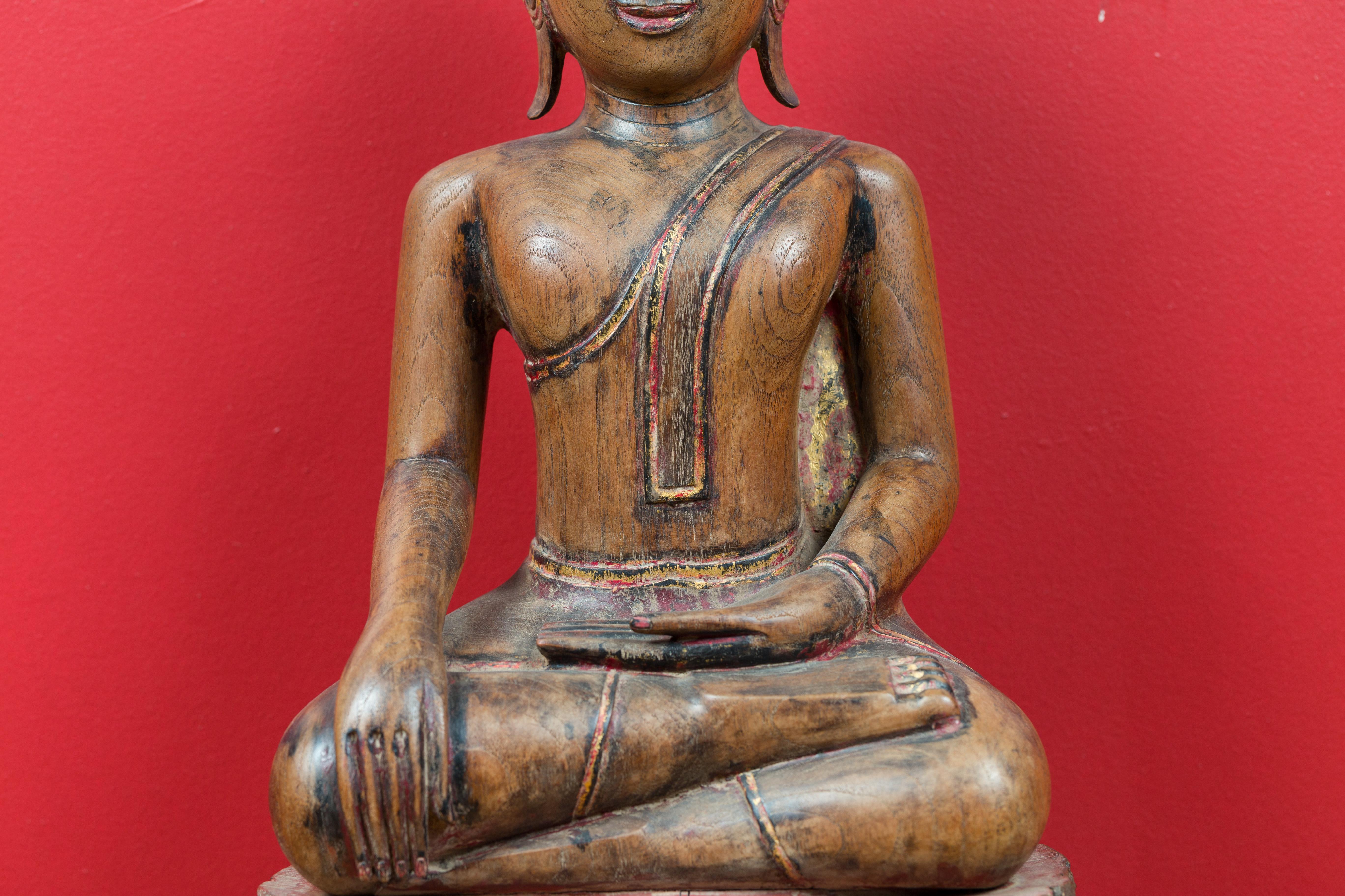 18th Century and Earlier Thai 18th Century Carved Teak Seated Buddha Calling the Earth to Witness