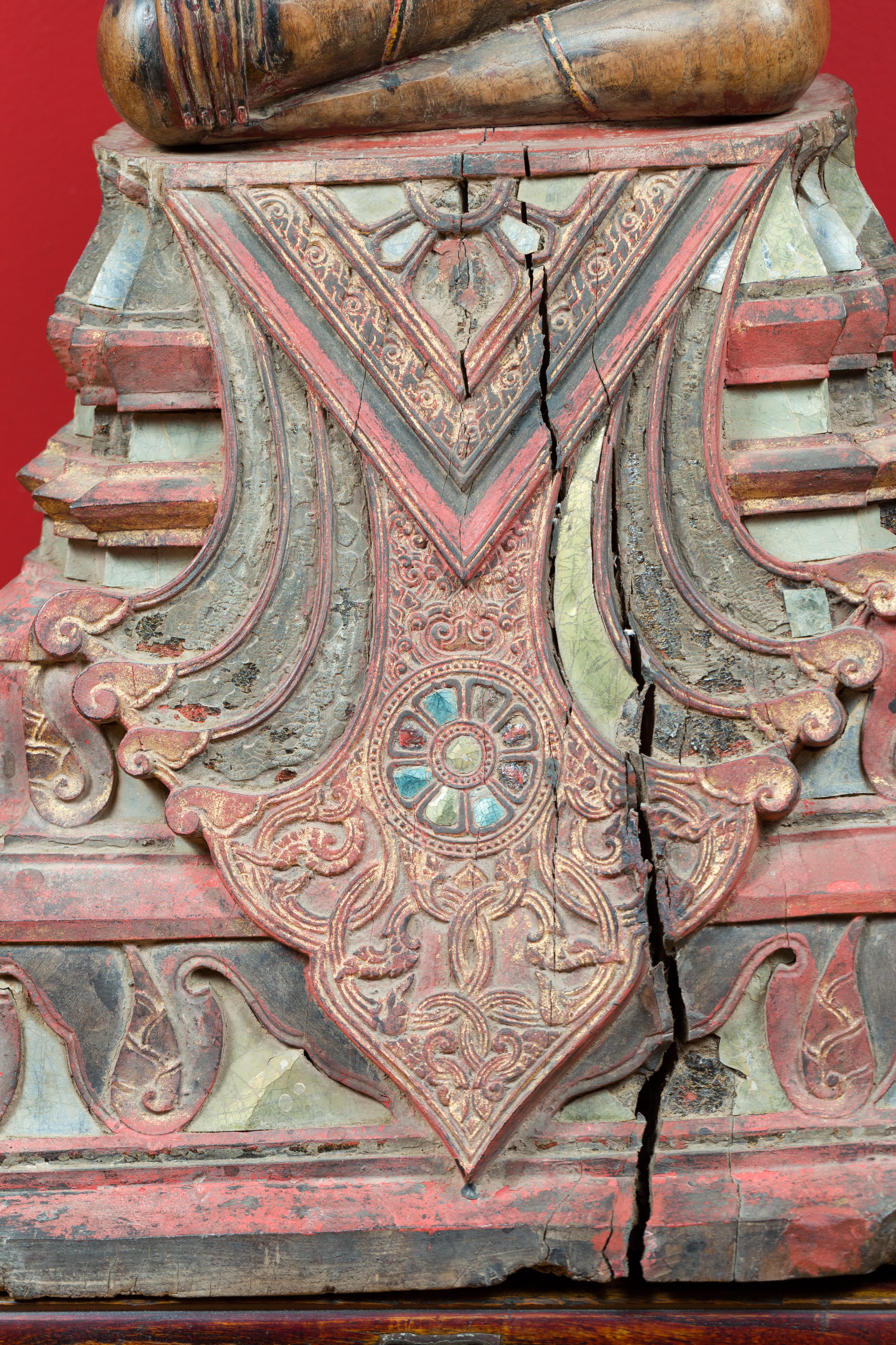 Mother-of-Pearl Thai 18th Century Carved Teak Seated Buddha Calling the Earth to Witness