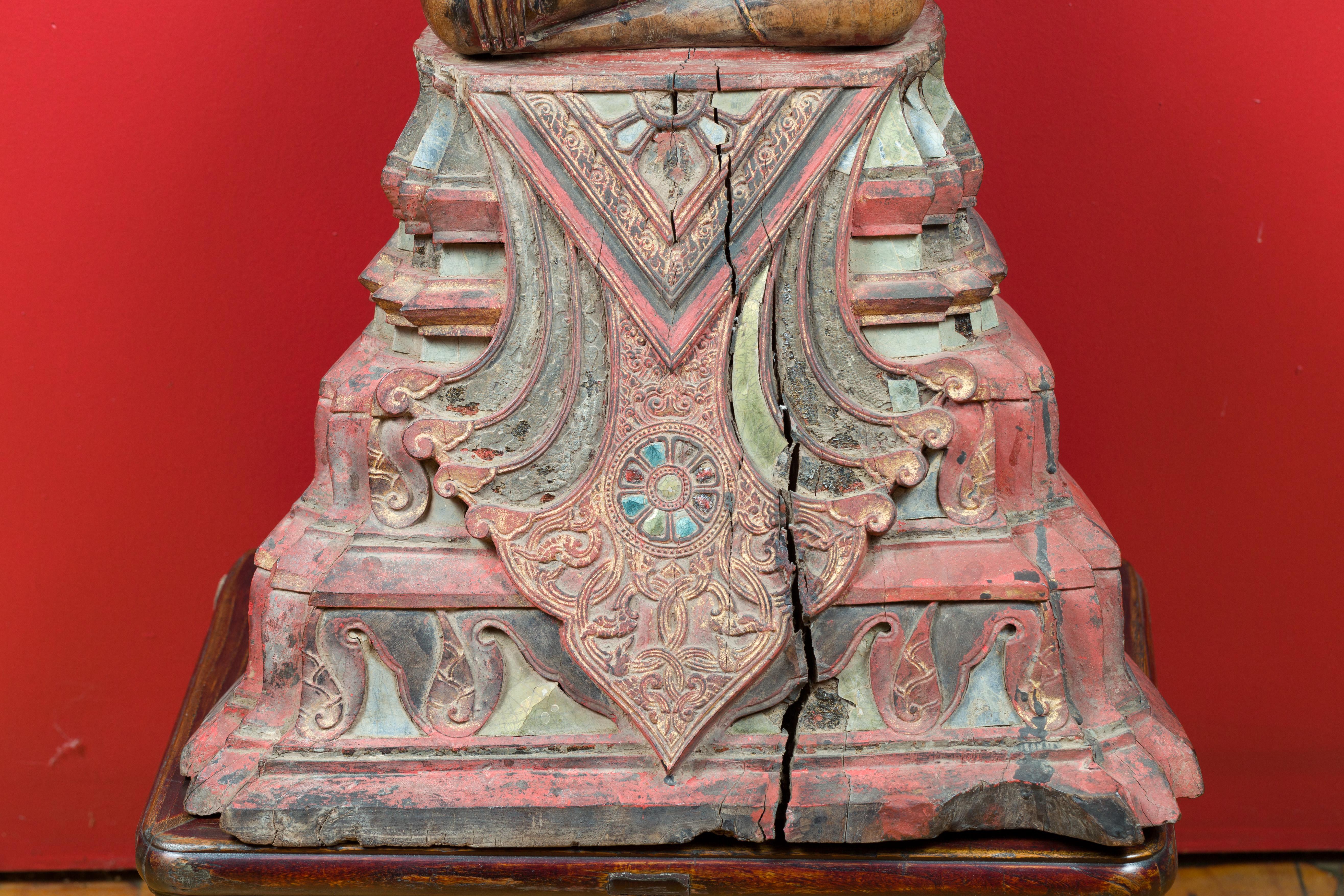 Thai 18th Century Carved Teak Seated Buddha Calling the Earth to Witness 1