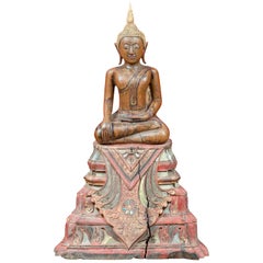 Thai 18th Century Carved Teak Seated Buddha Calling the Earth to Witness