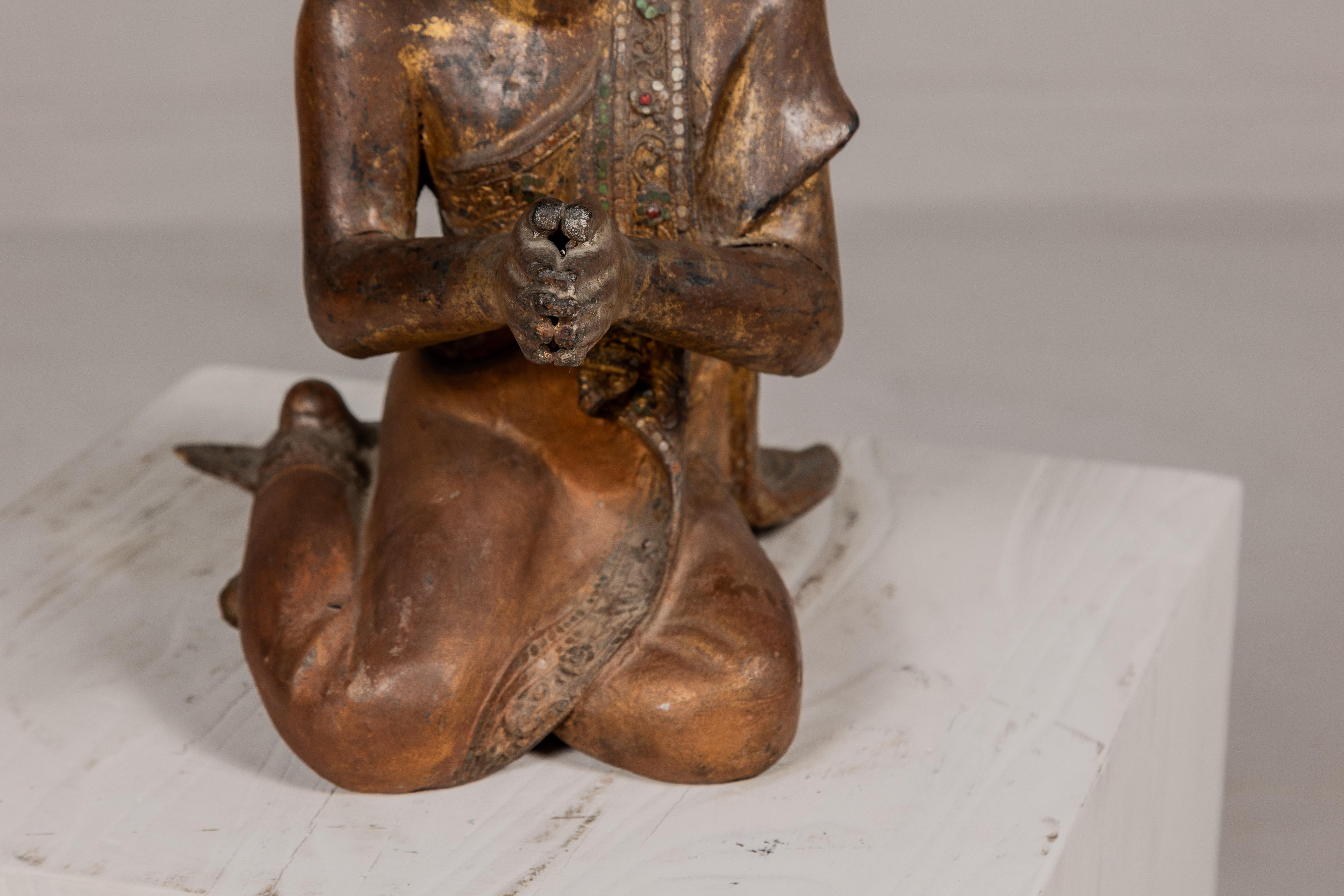 Glass Thai 1900s Gilt and Polychrome Hand Carved Sculpture of Seated Buddhist Monk For Sale