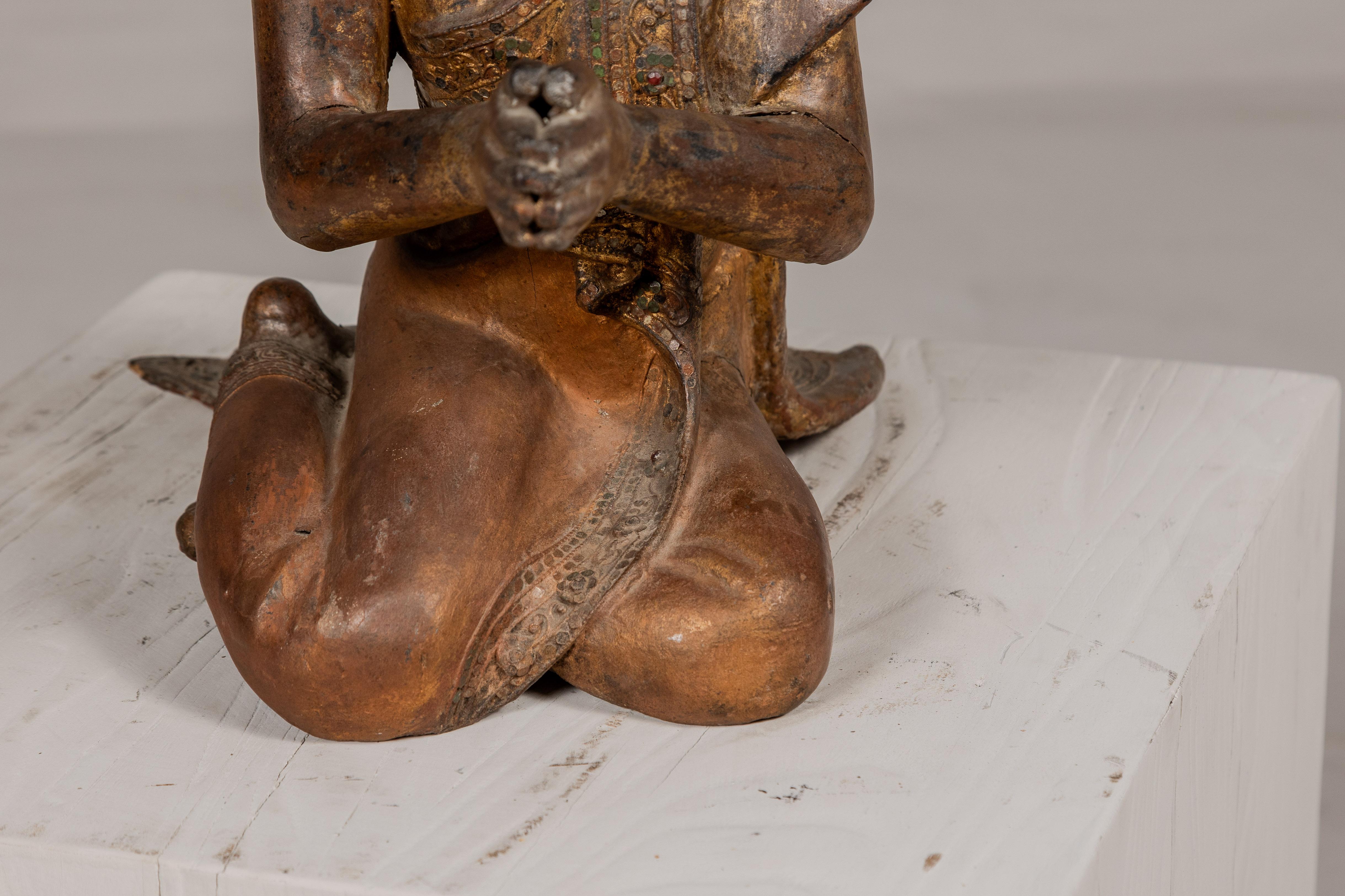 Thai 1900s Gilt and Polychrome Hand Carved Sculpture of Seated Buddhist Monk For Sale 1