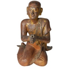Thai 1900s Gilt and Polychrome Hand Carved Sculpture of Seated Buddhist Monk