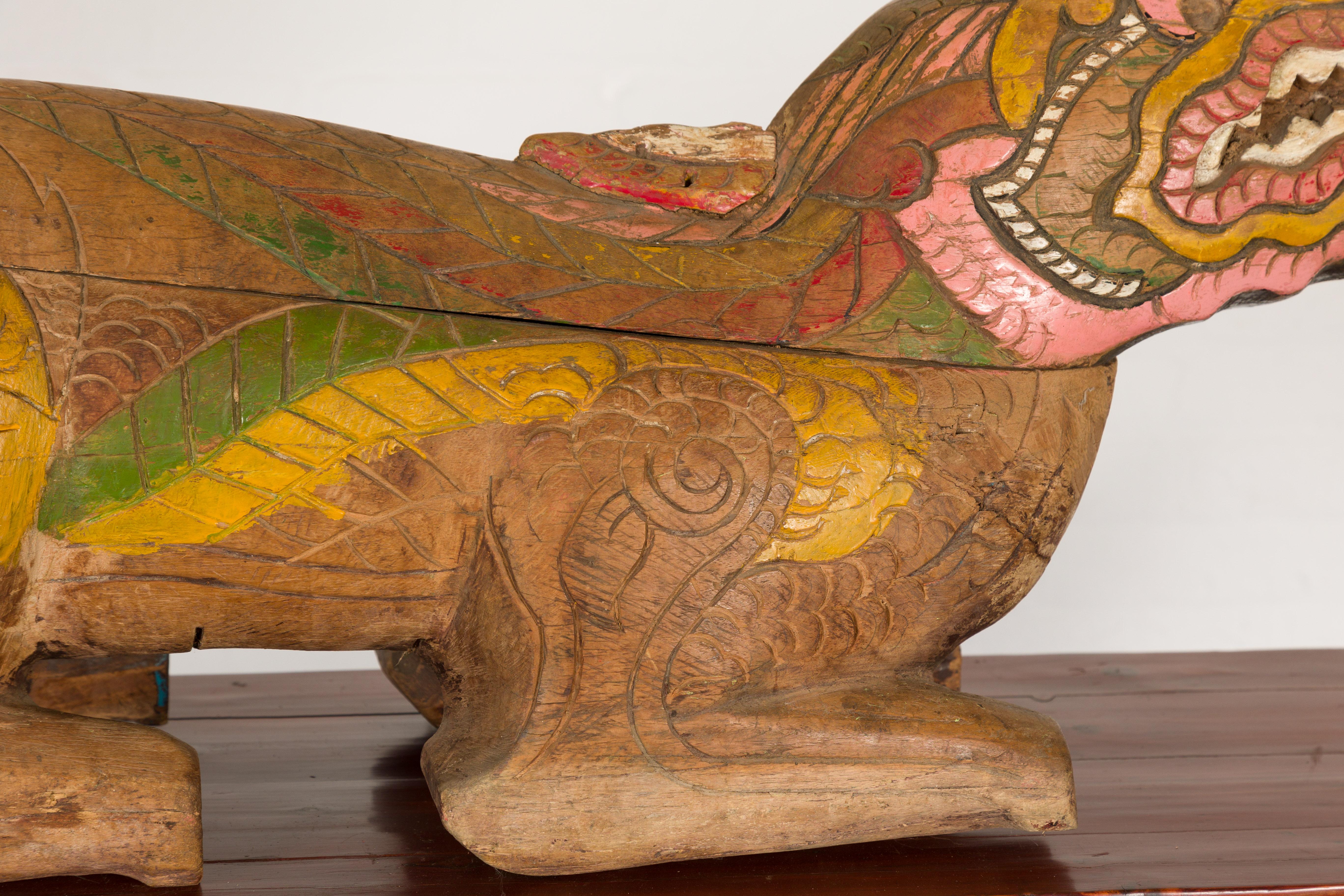 Thai 1900s Reclining Guardian Lion Carved Prayer Box with Polychrome Décor For Sale 5