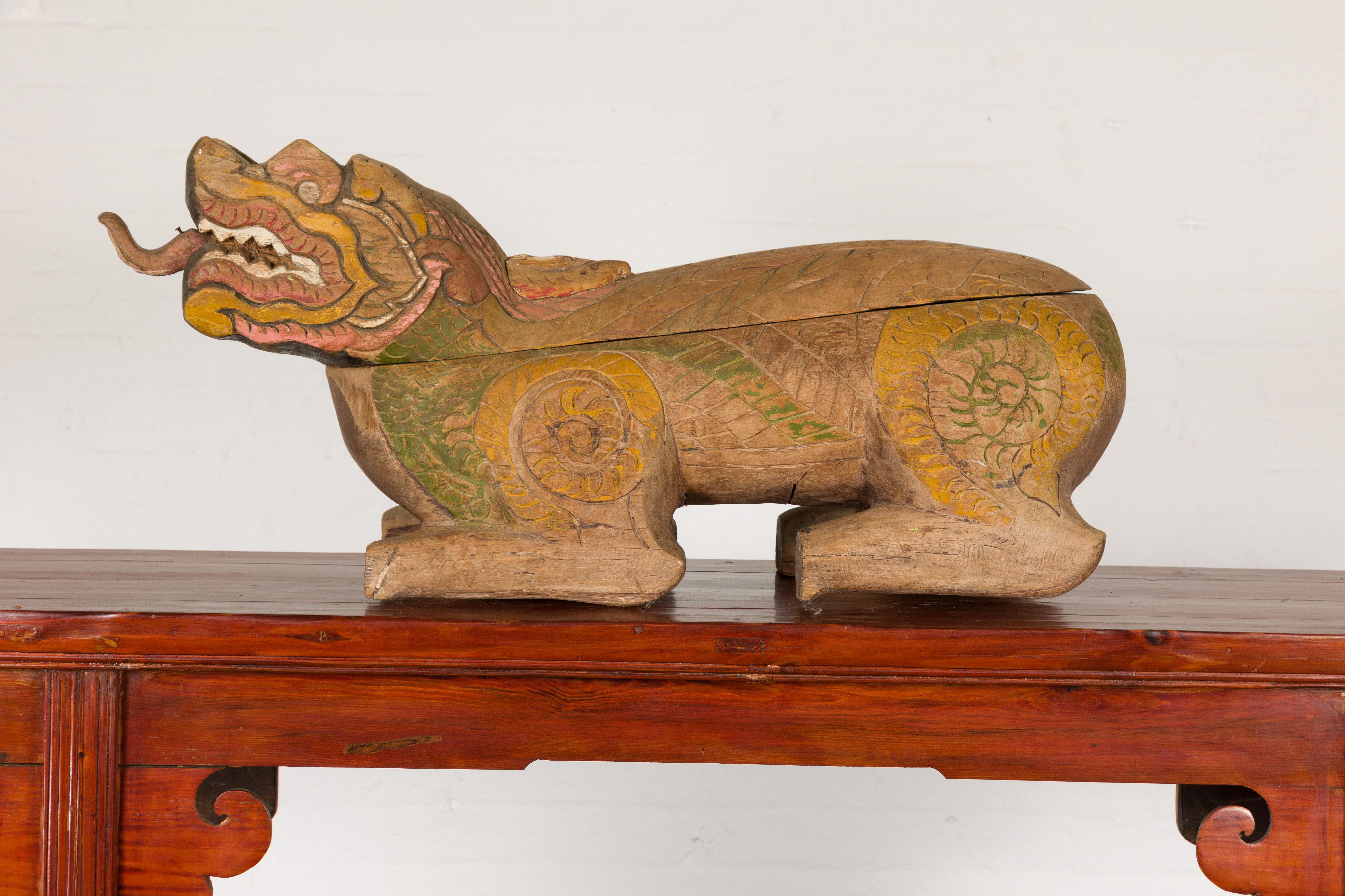Thai 1900s Reclining Guardian Lion Carved Prayer Box with Polychrome Décor For Sale 7
