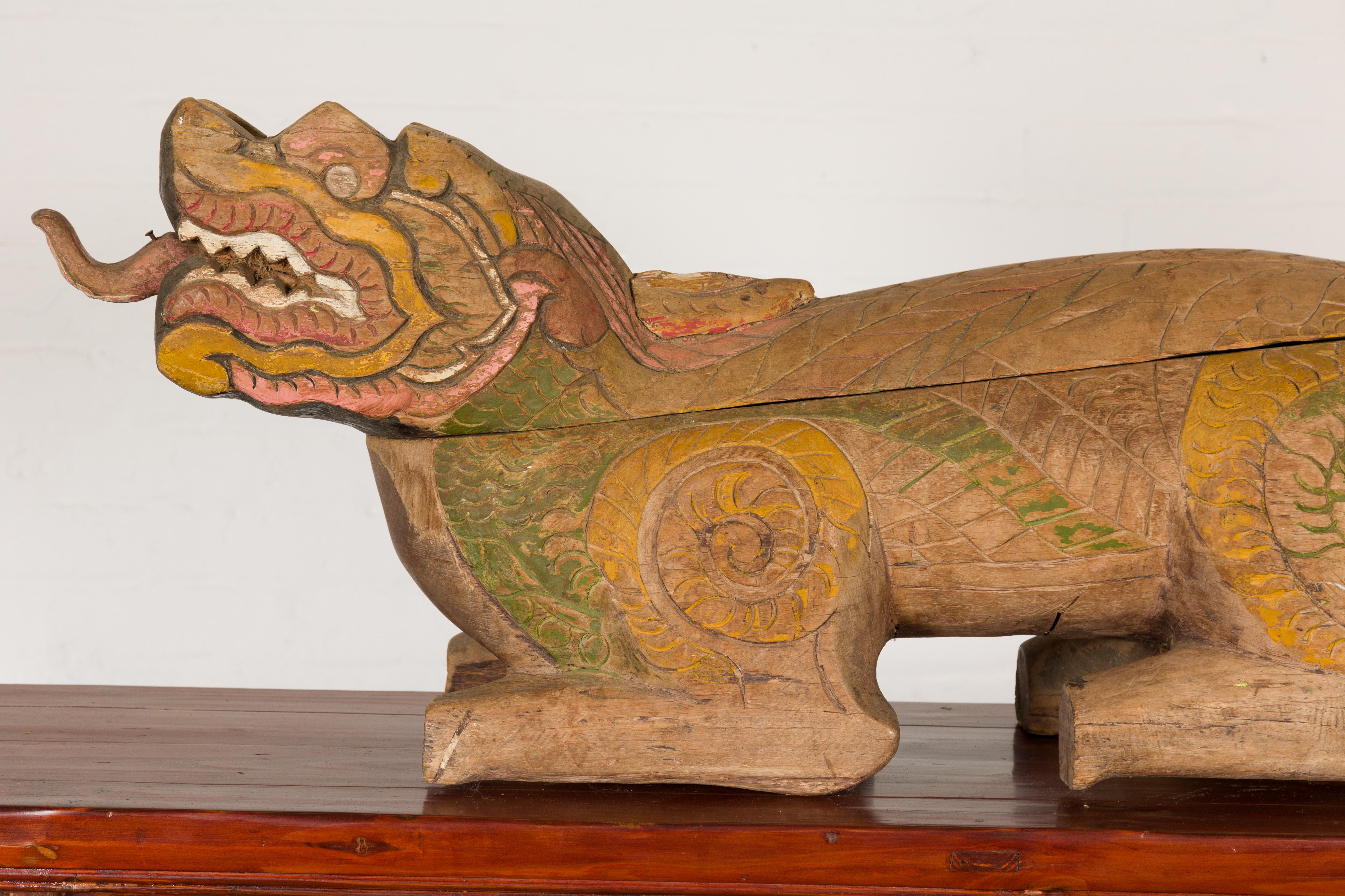 Thai 1900s Reclining Guardian Lion Carved Prayer Box with Polychrome Décor For Sale 8