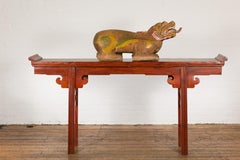 Thai 1900s Reclining Guardian Lion Carved Prayer Box with Polychrome Décor