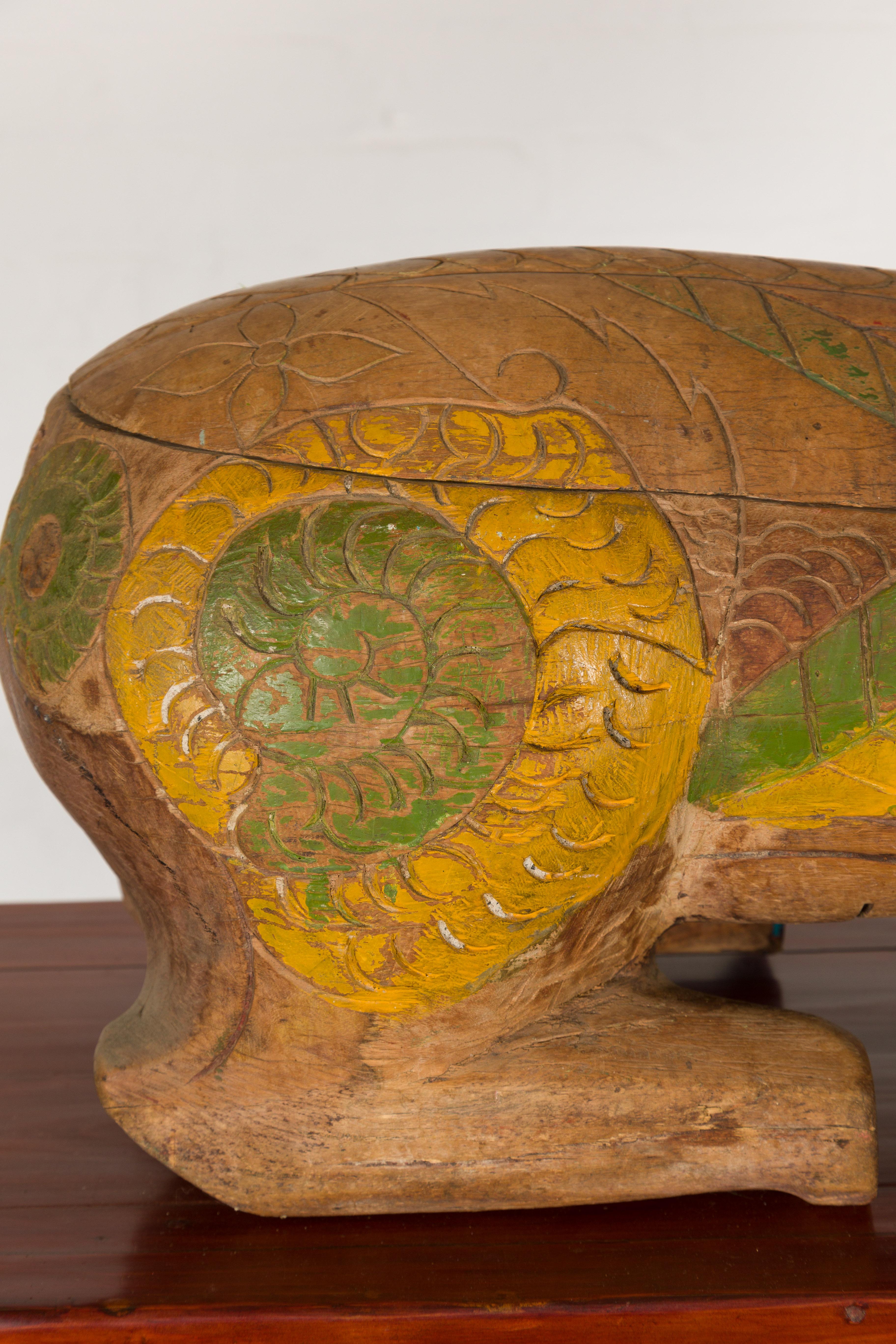 20th Century Thai 1900s Reclining Guardian Lion Carved Prayer Box with Polychrome Décor For Sale