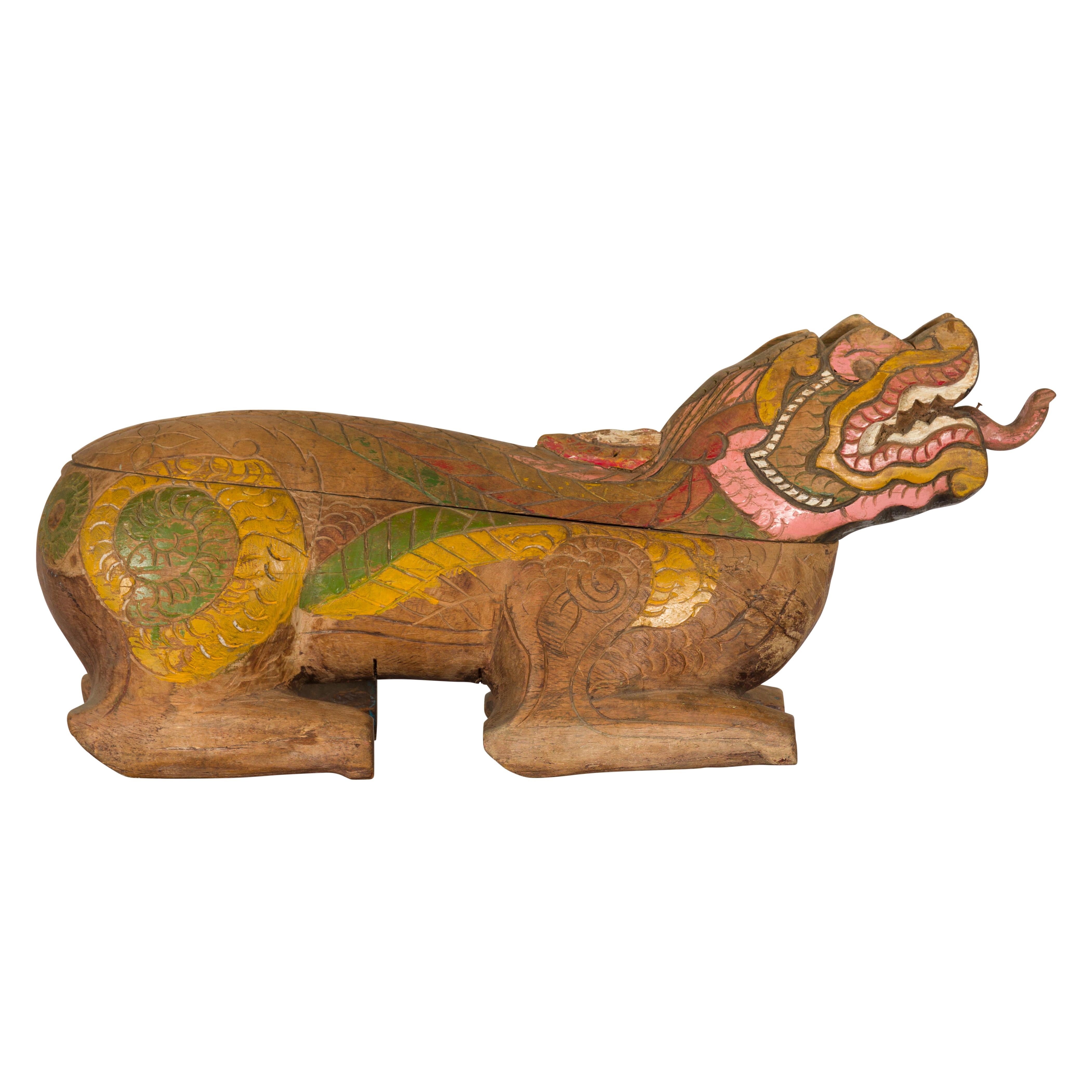 Thai 1900s Reclining Guardian Lion Carved Prayer Box with Polychrome Décor