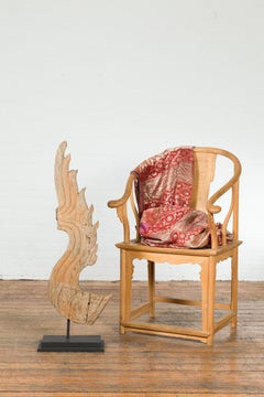 Thai Hand-Carved Wood Temple Dragon Sculpture Mounted on Metal Base