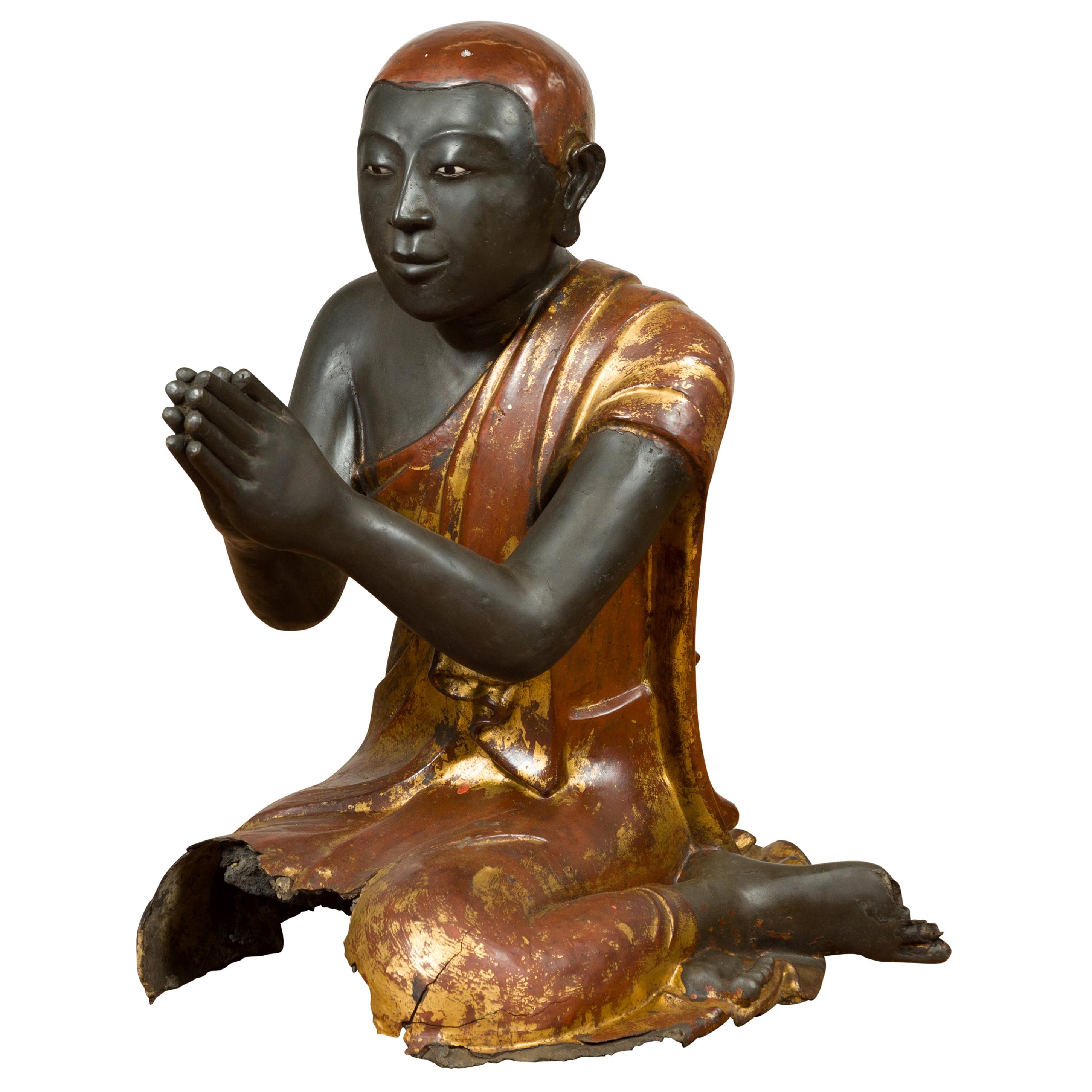 Thai 20th Century Kneeling Ceremonial Temple Monk Lacquered and Gilt Sculpture For Sale